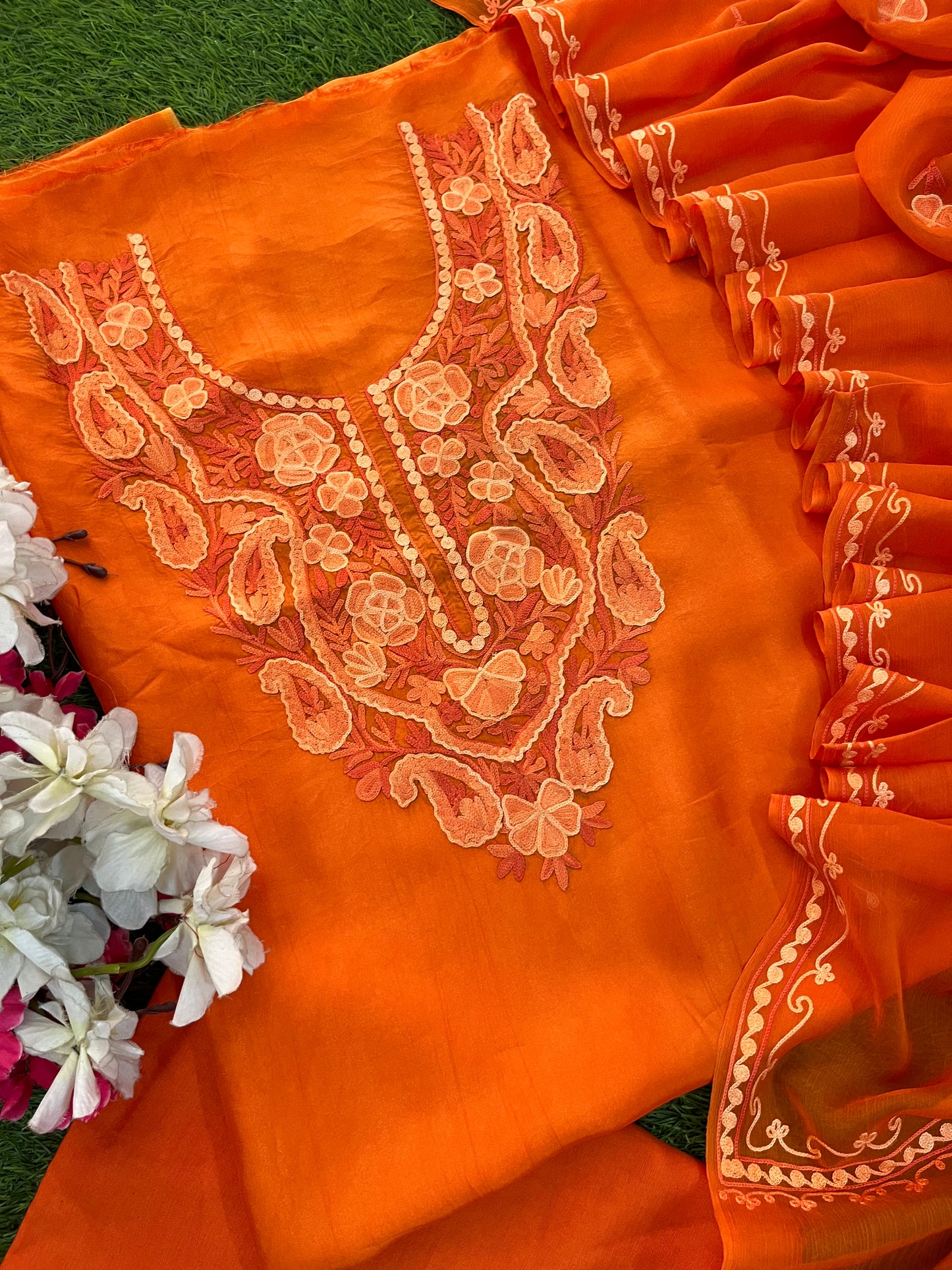 Orange Opada Silk Kashmiri Suit