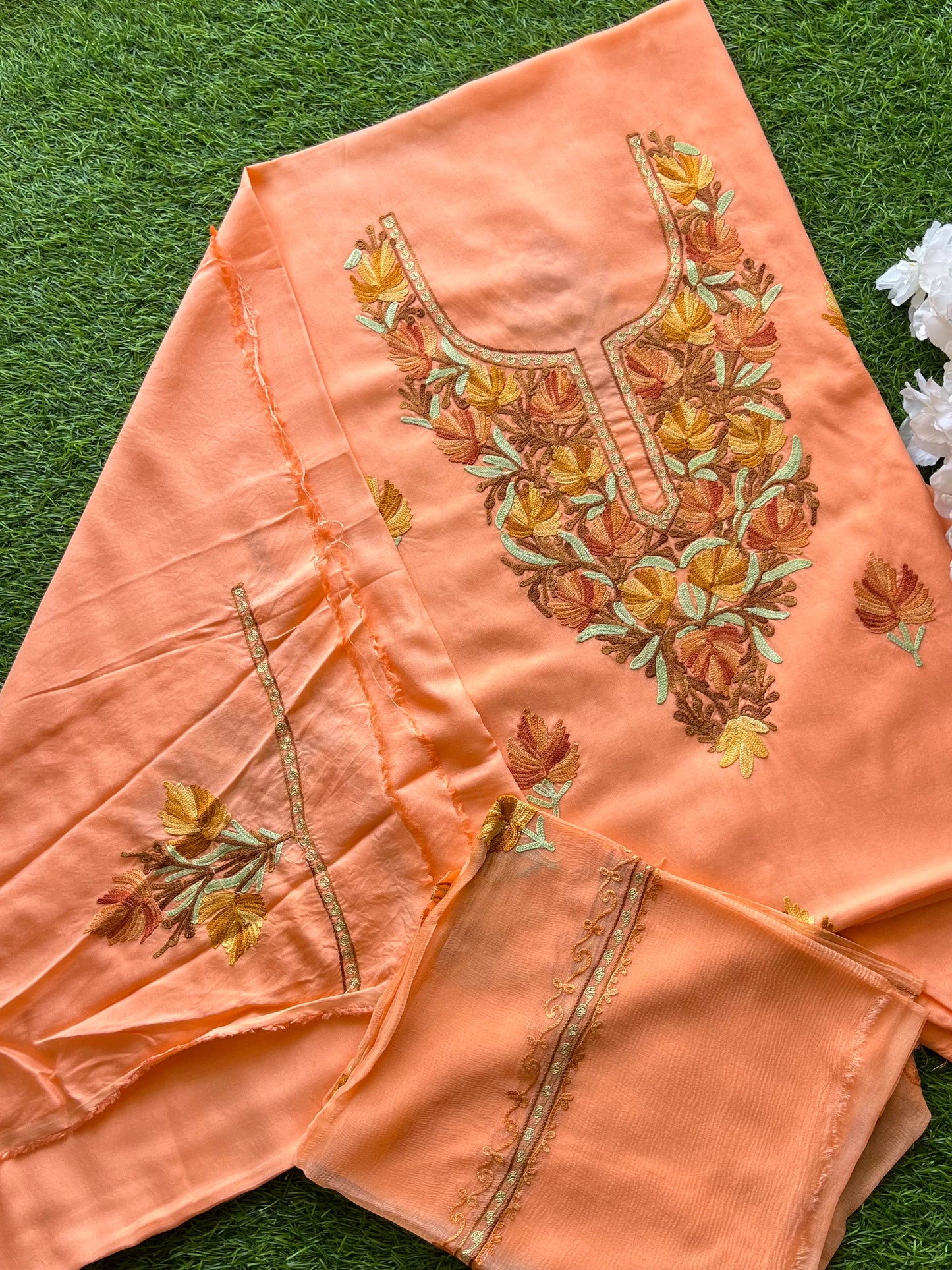 Peach Muslin Cotton Aari Embroidered 3pc set