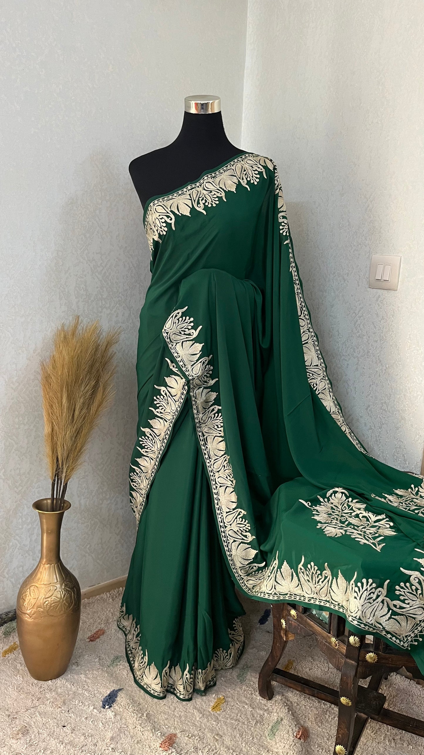 Soft Green Crape Kashmiri Tilla Saree