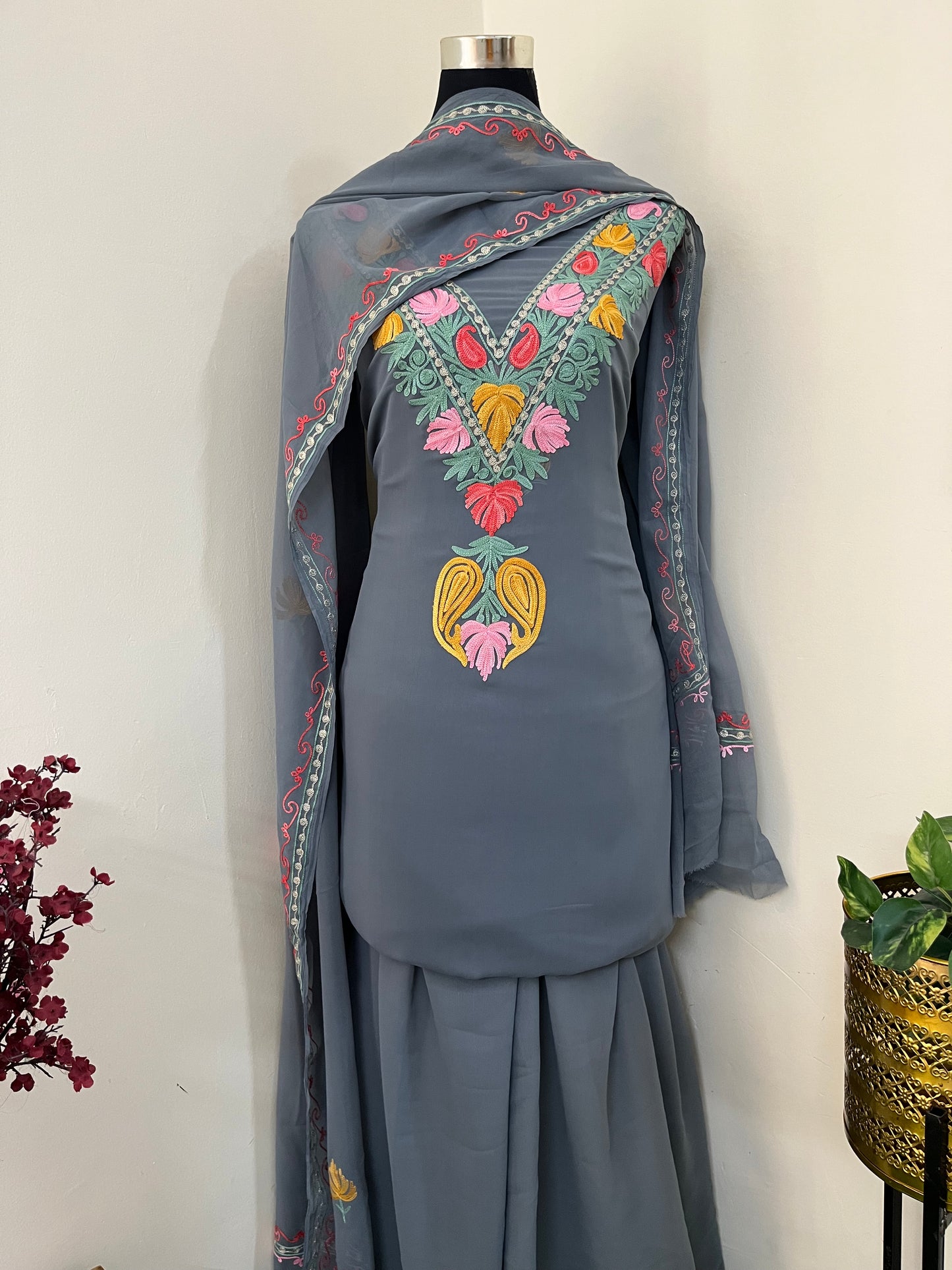 Grey Georgette 3 Pc Aari Embroidered Suit Set