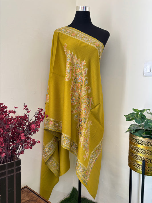 Lime Green Silk Thread Ambi Aangan Embroidered Fine Semi Pashmina stole