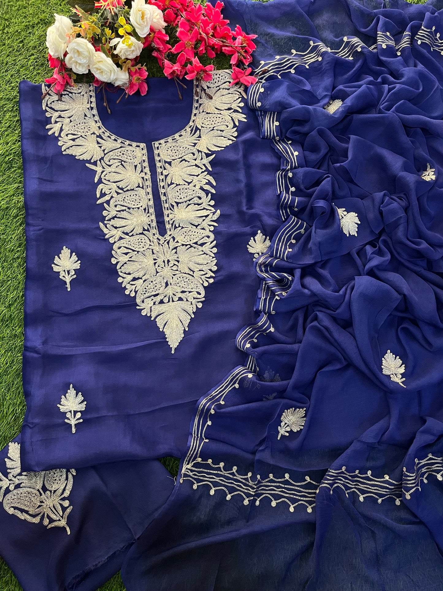 Blue Silk Tilla Kashmiri Suit