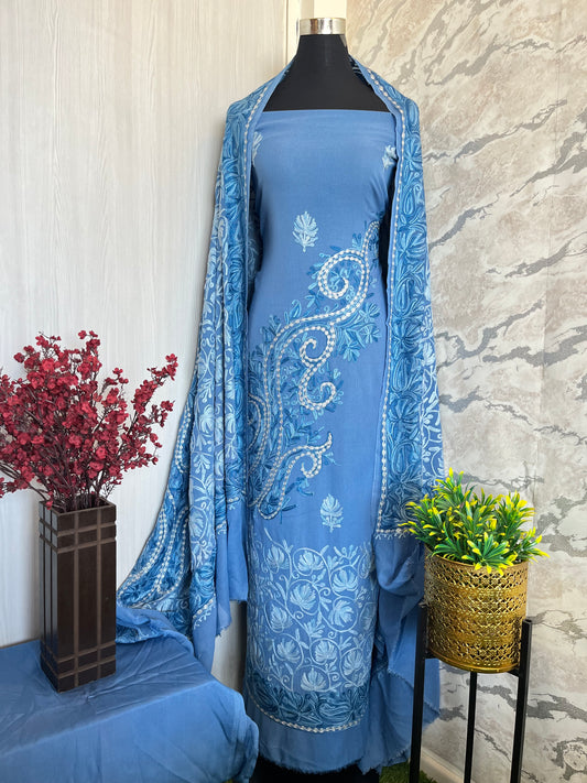 Blue Pure Georgette Aari Embroidered Suit