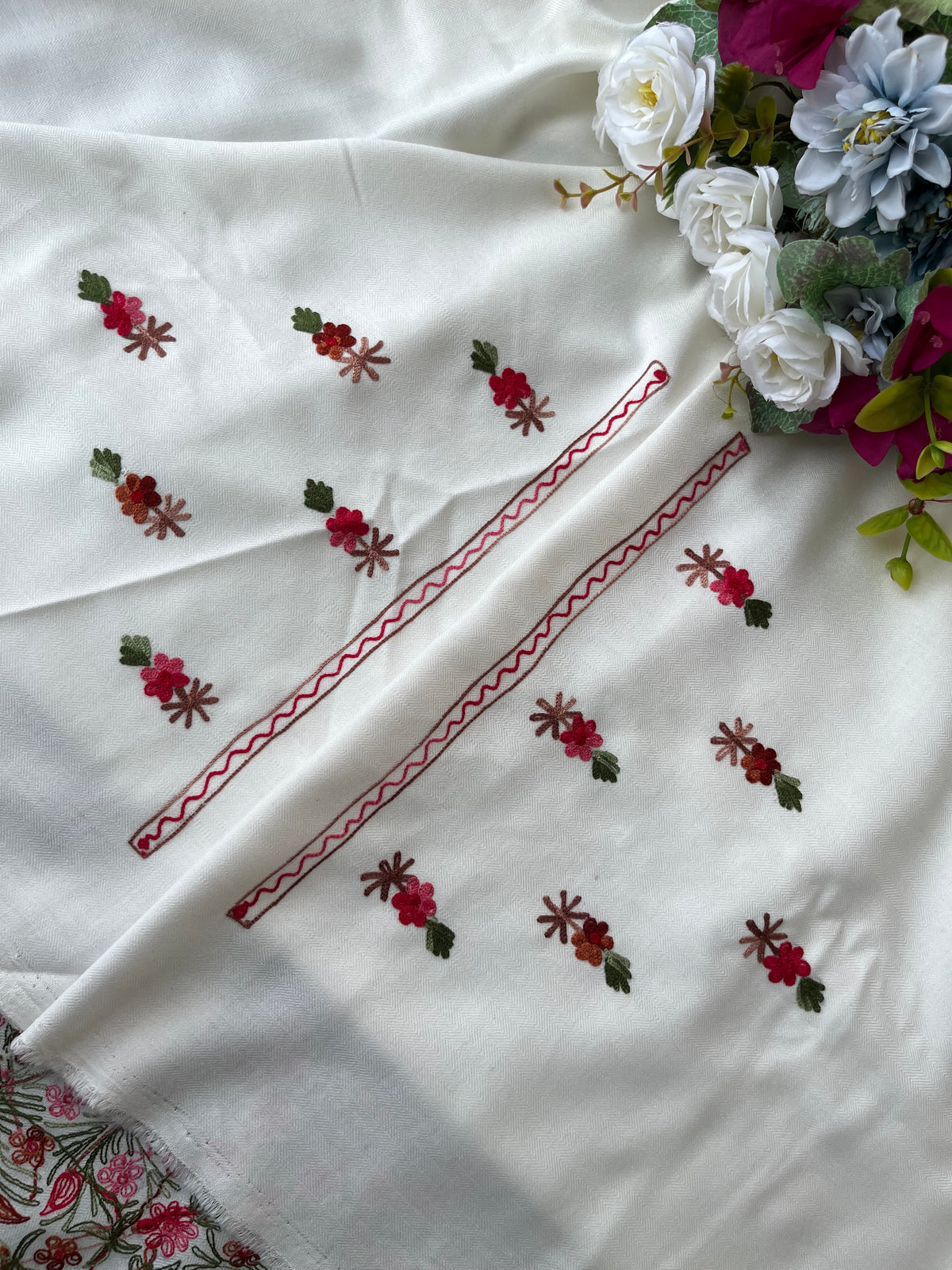 Off White Woollen Aari Embroidered 3pc suit