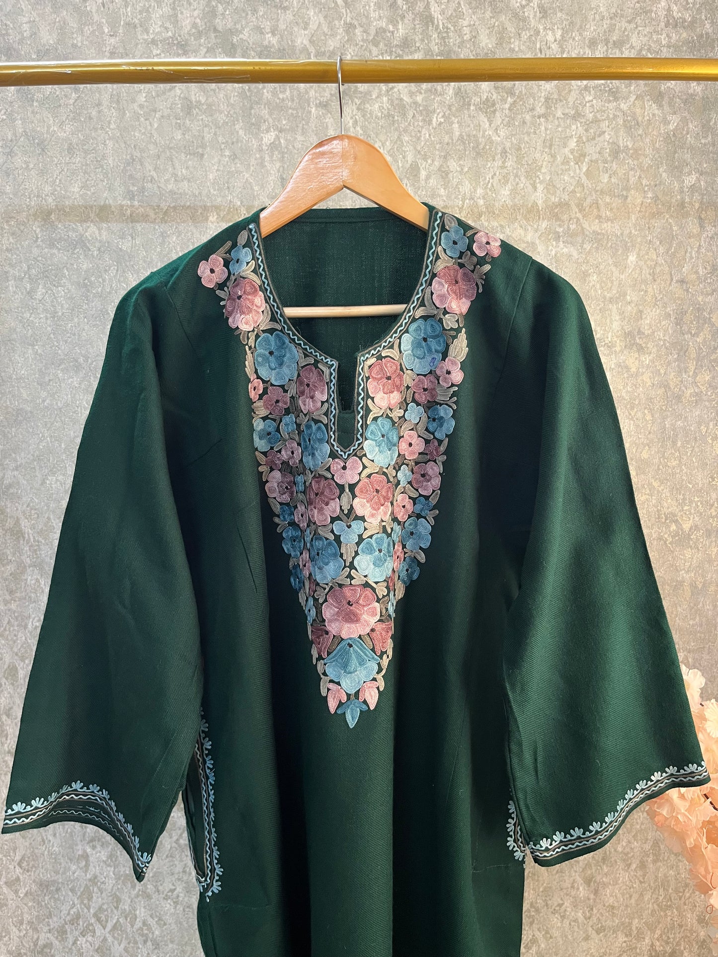 Green Aari Embroidered Wool Pheran