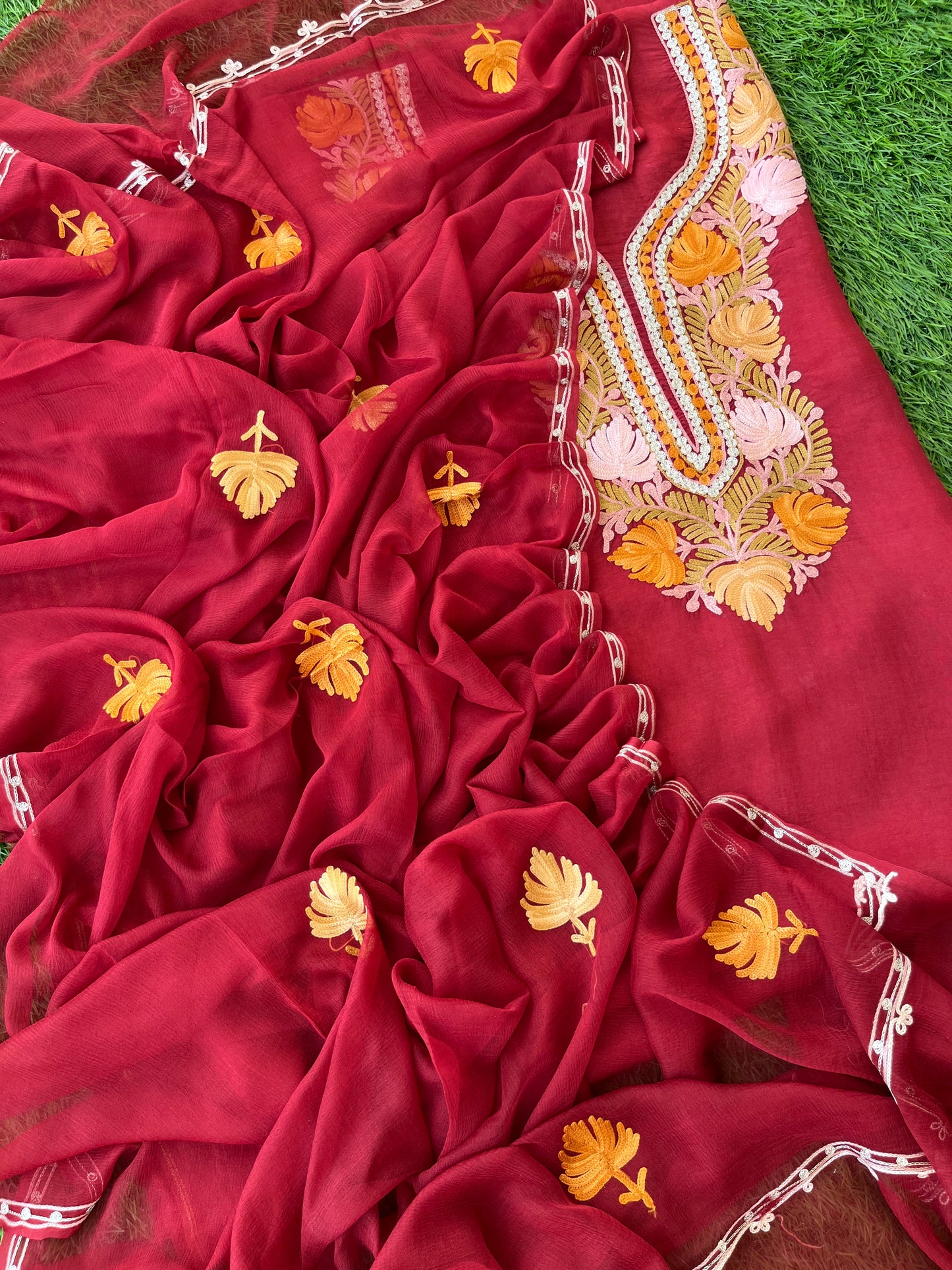 Maroon Opada Silk Aari Embroidered Suit material