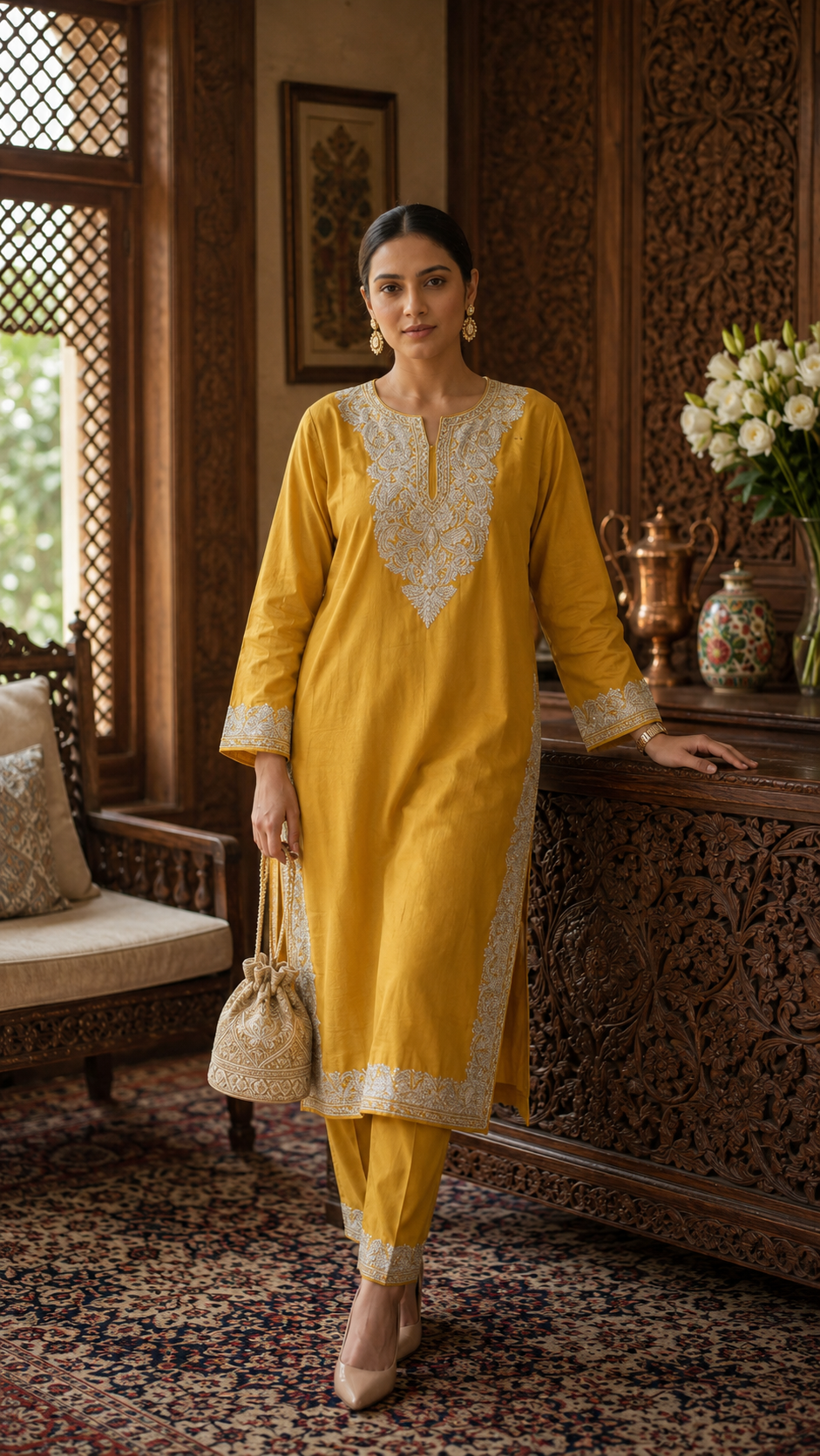 Soft Yellow Cotton Kashmiri Pheran Set (48)