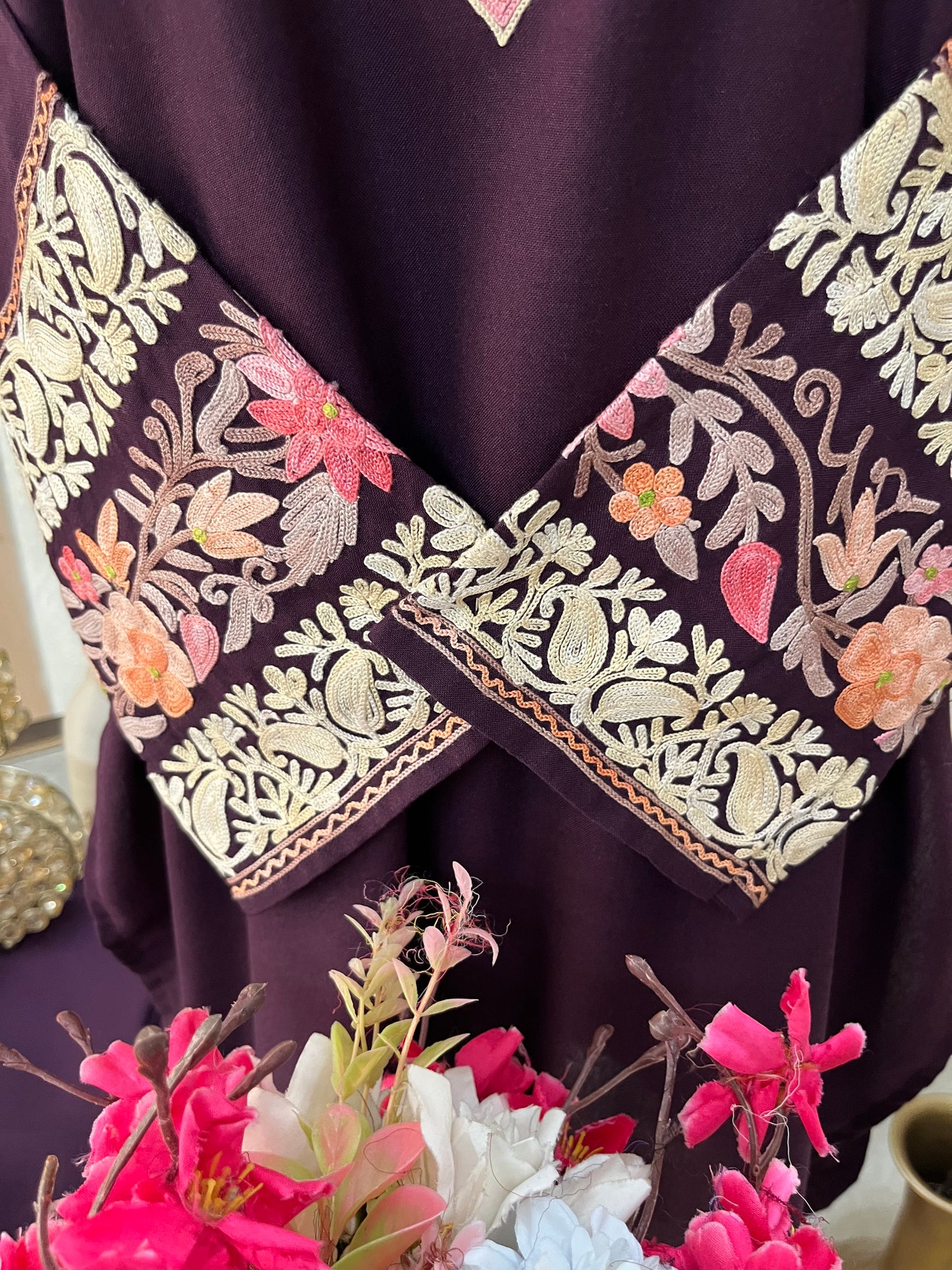 Wine Cotton Embroidered Co-ord Set(38)