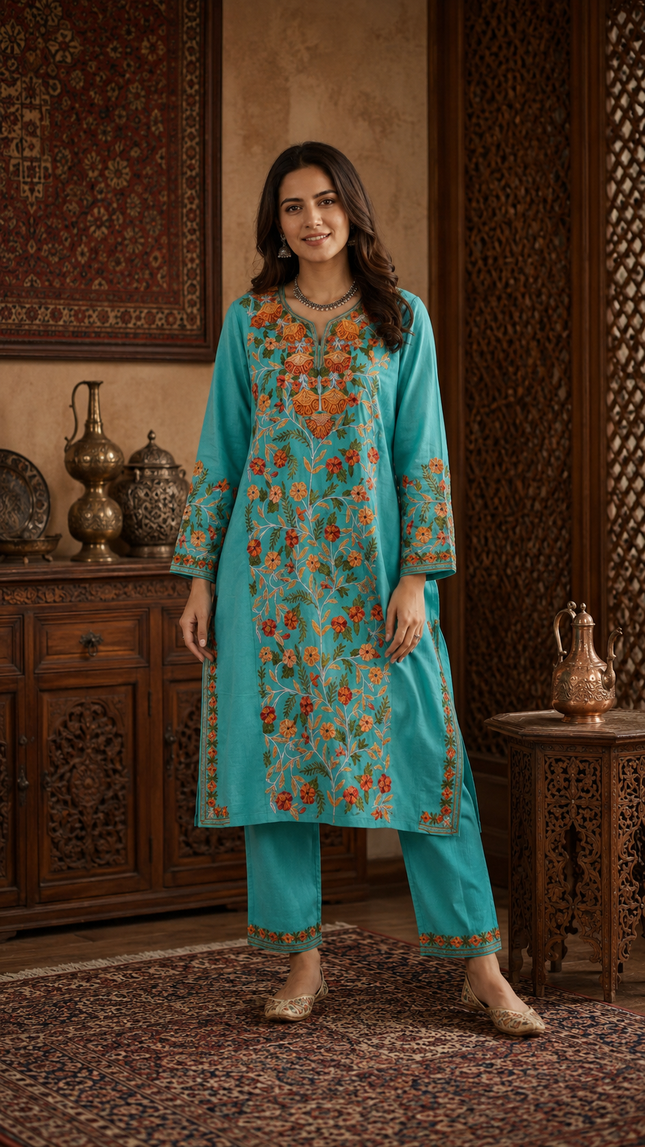 Sea Green Cotton Front Jaal Pheran Set  Size (46)