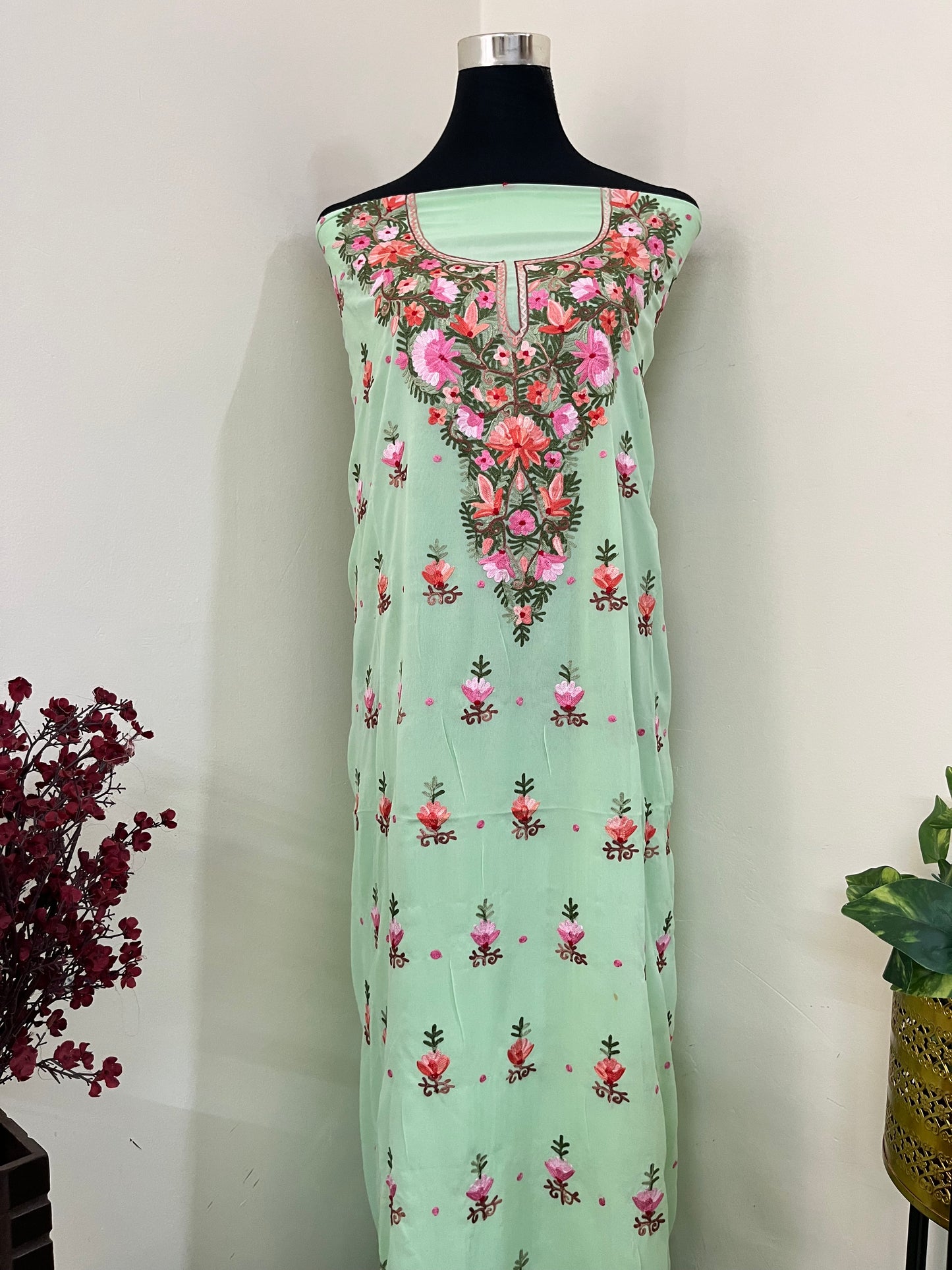 Tea Green Georgette Kashmiri Kurta Material