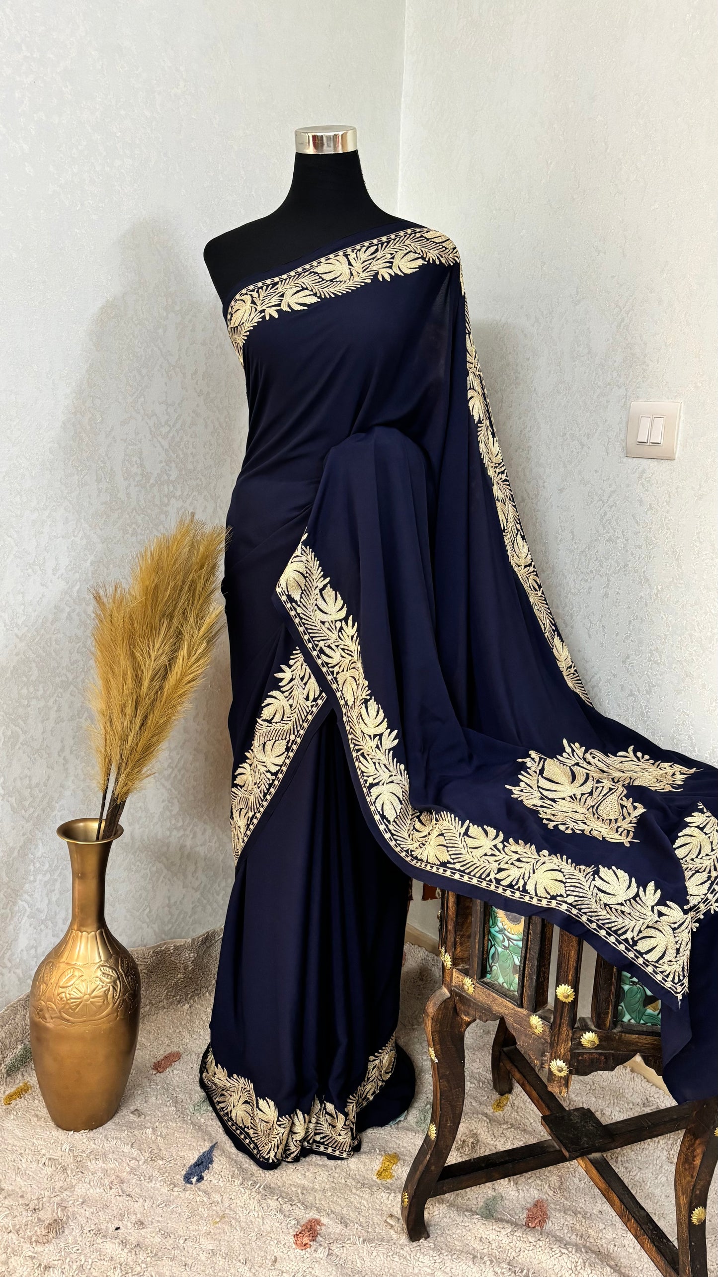 Navy Blue Crape Kashmiri Tilla Saree (Copy)
