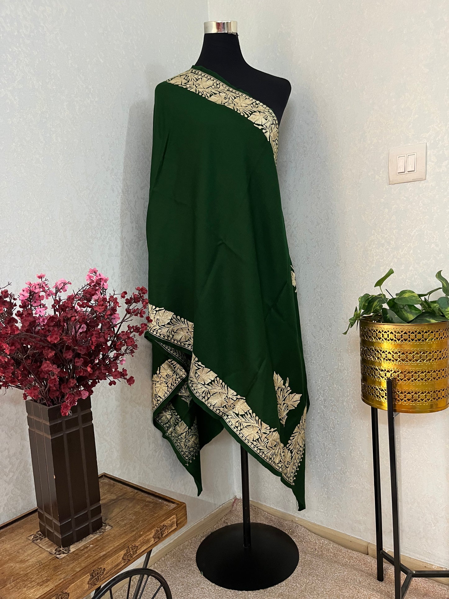 Bottle Green Semi Pashmina Tilla Embroidered stole