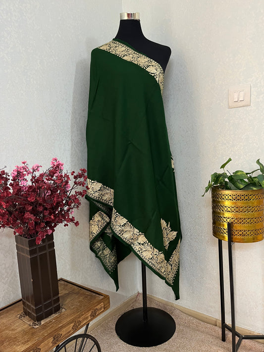 Bottle Green Semi Pashmina Tilla Embroidered stole