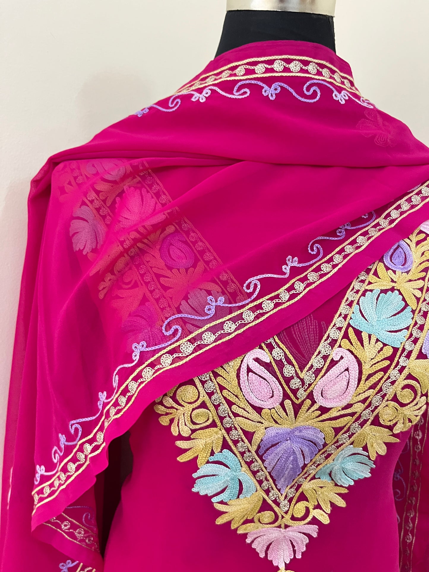 Hot Pink Georgette 3 Pc Aari Embroidered Suit Set