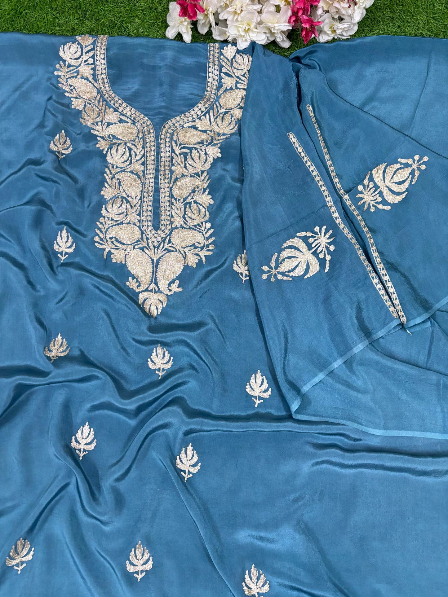 Kalaa’ English Blue Crape Kashmiri Suit