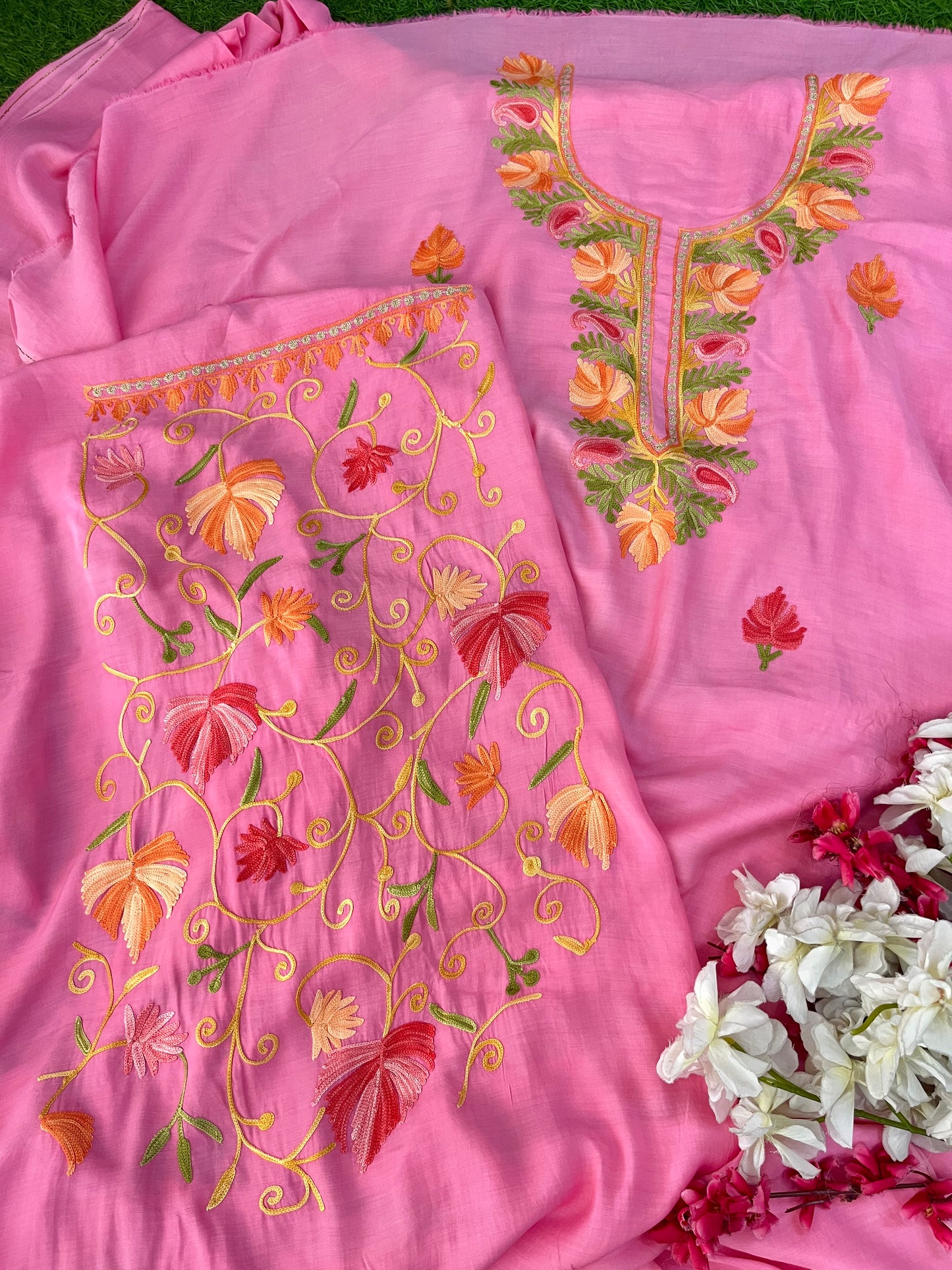 Soft Pink Muslin Cotton Jaal Sleeves Kashmiri 3pc Suit