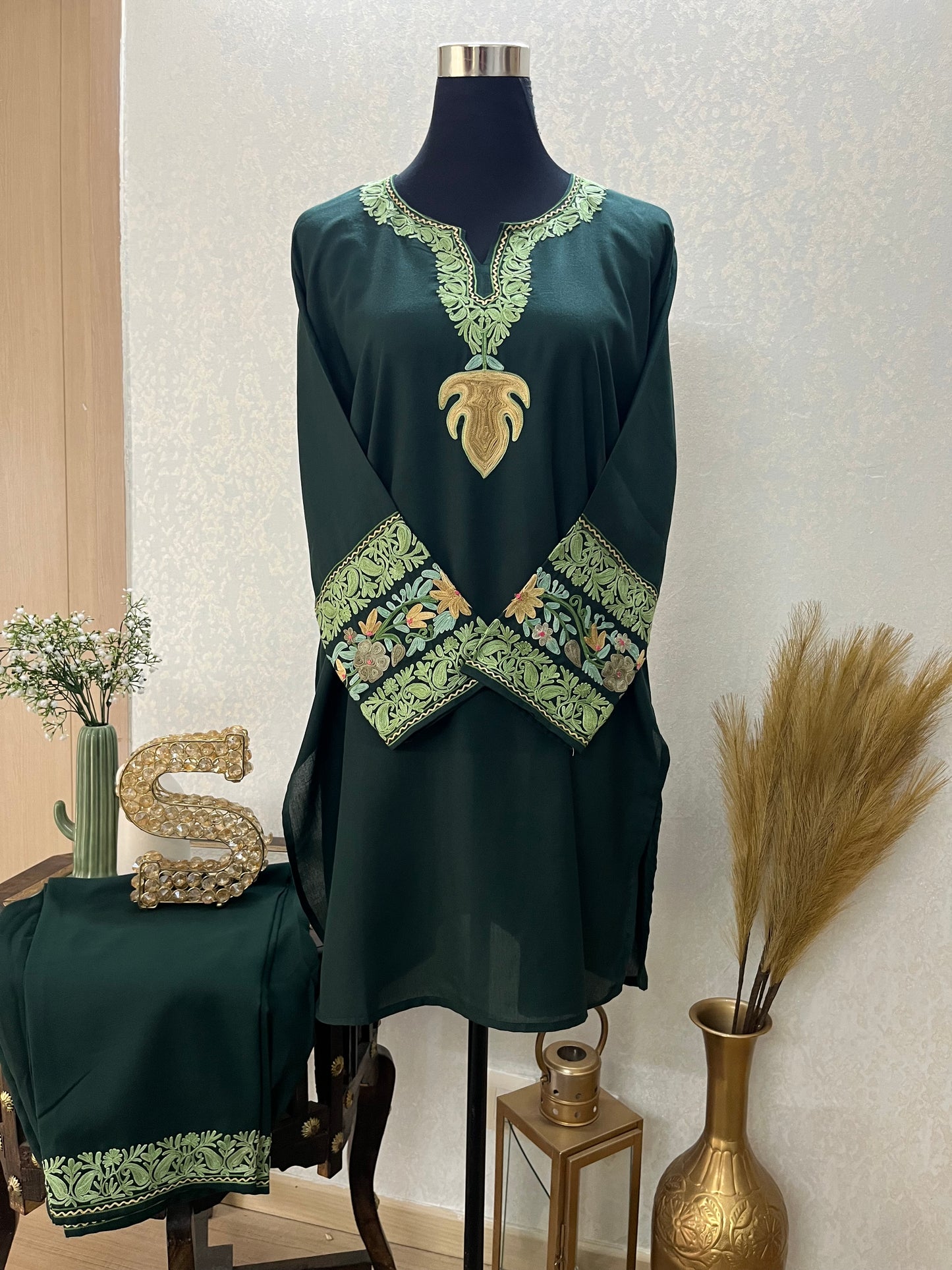 Bottle Green Cotton Embroidered Co-ord Set