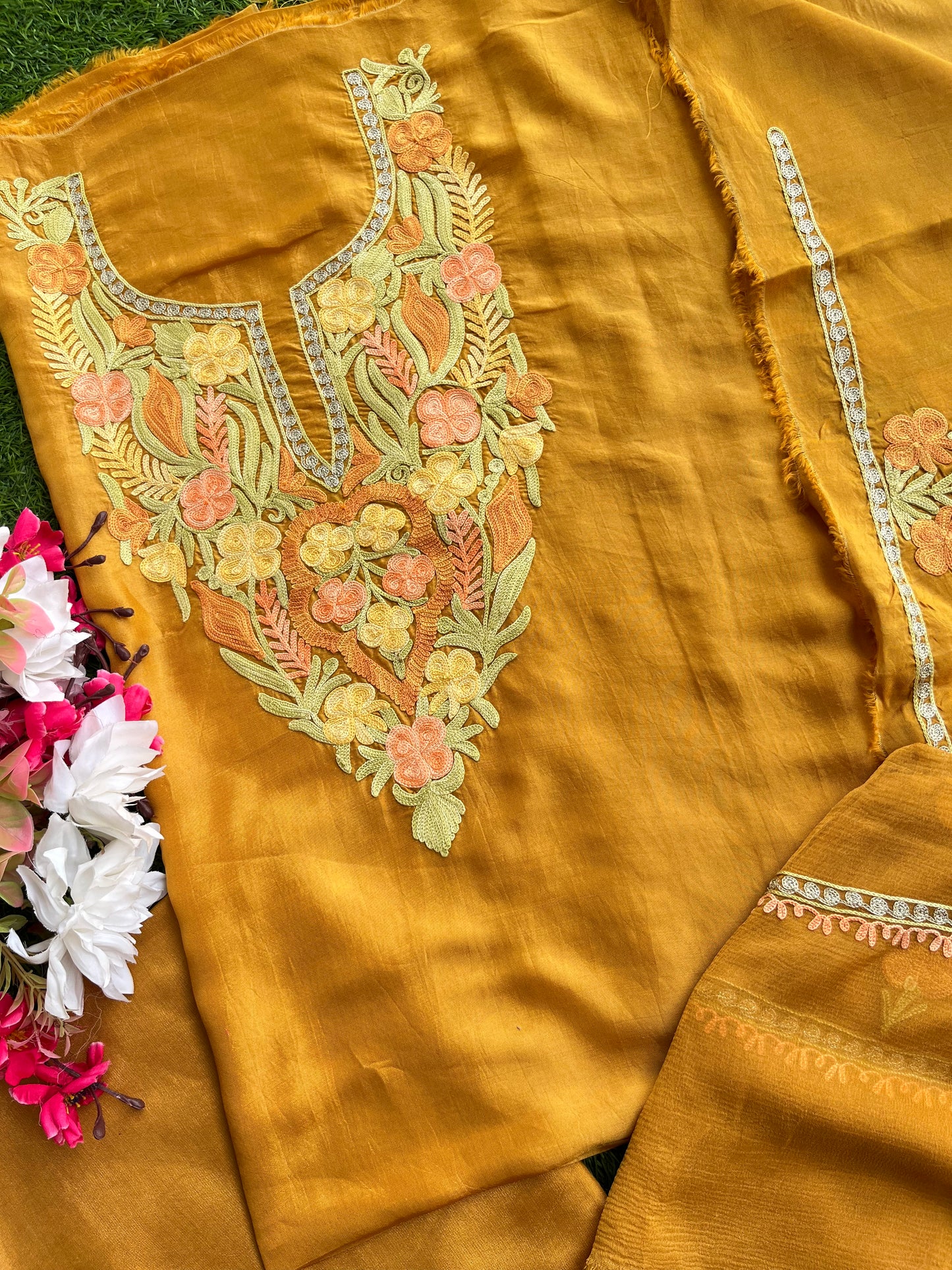 Gold Opada Silk Kashmiri Suits