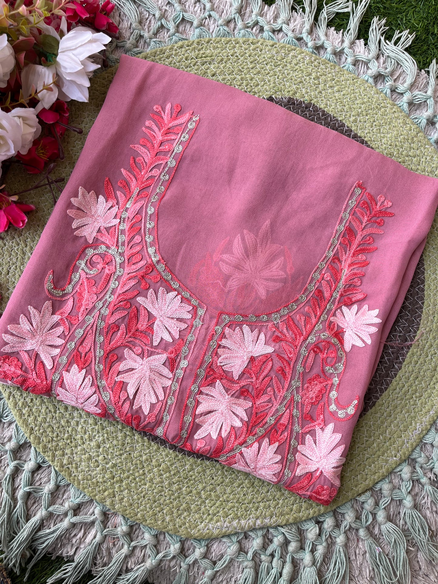 Onion Pink Georgette Kashmiri Kurta Material