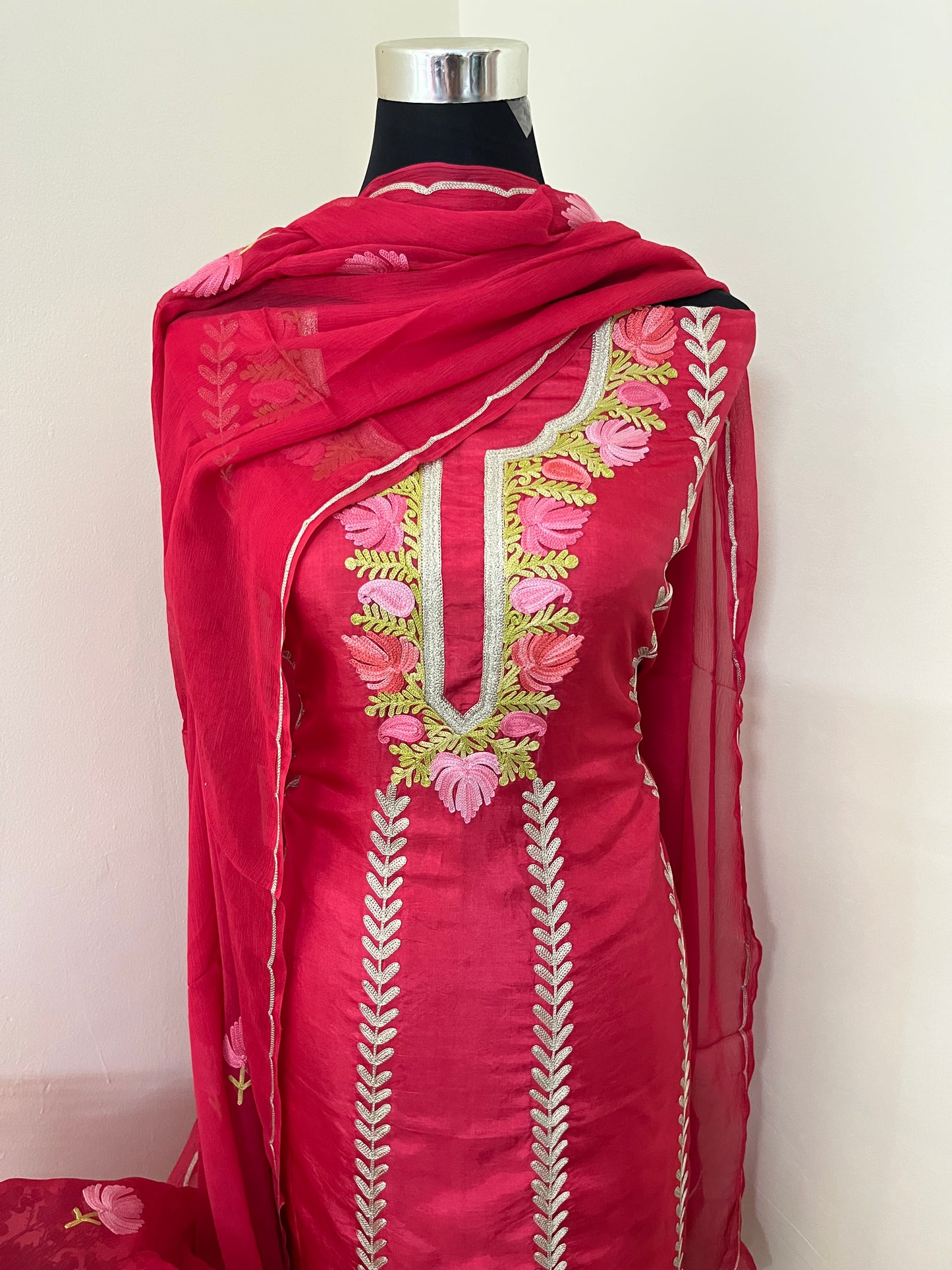 Sanam’ Coral Red Silk Aari Embroidered Suit material