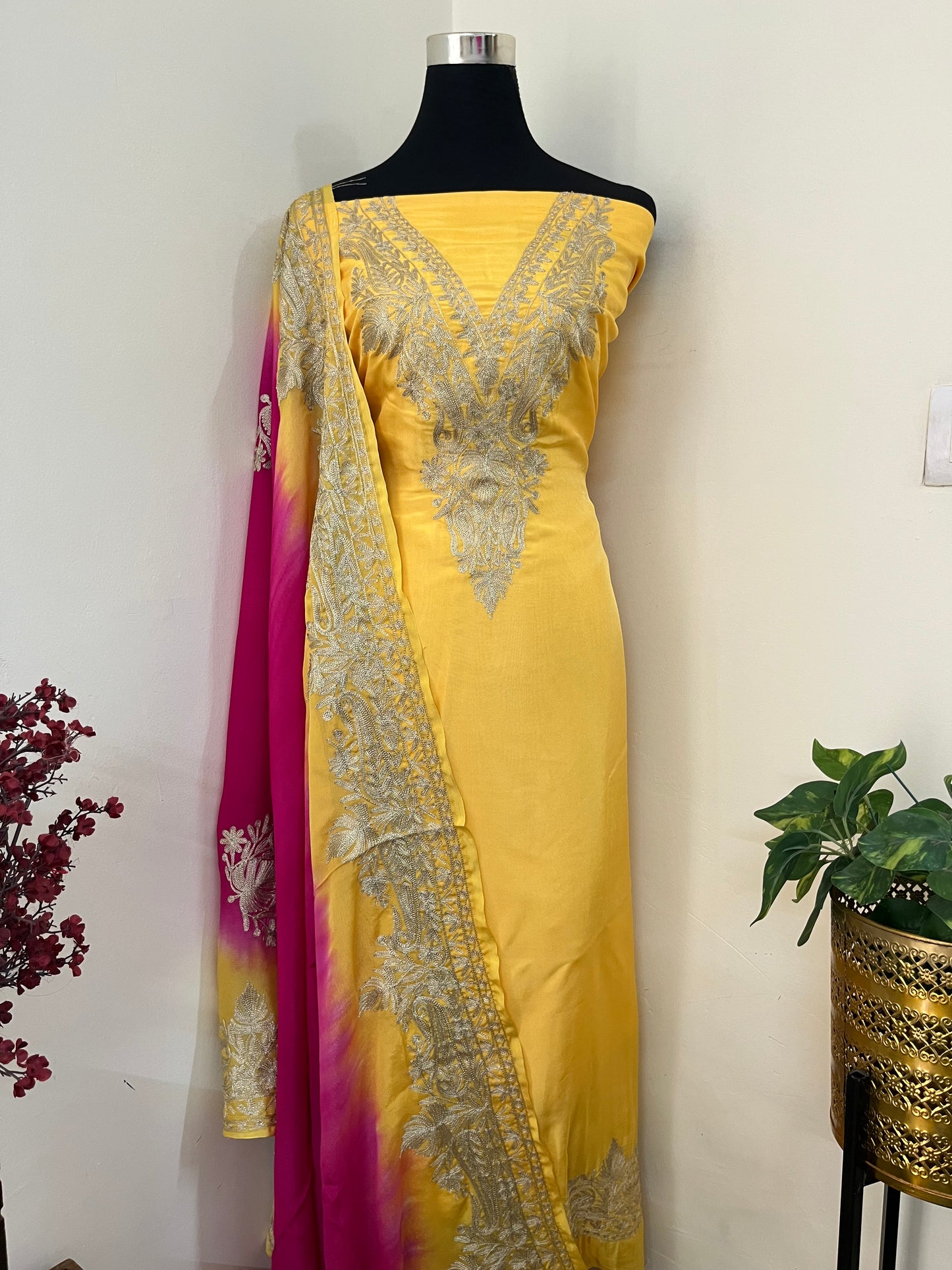 Gold Sanam Silk Kashmiri Suit