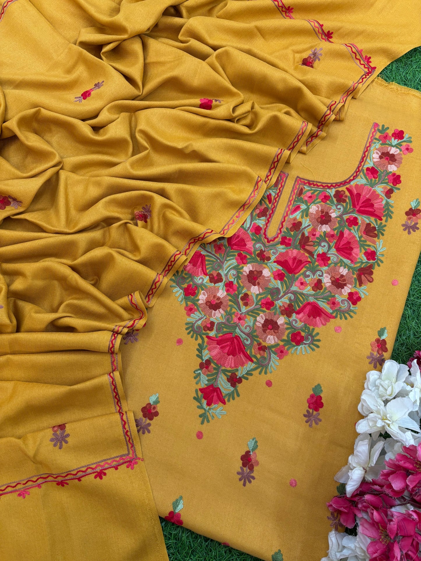 Golden Yellow Woollen Aari Embroidered 3pc suit