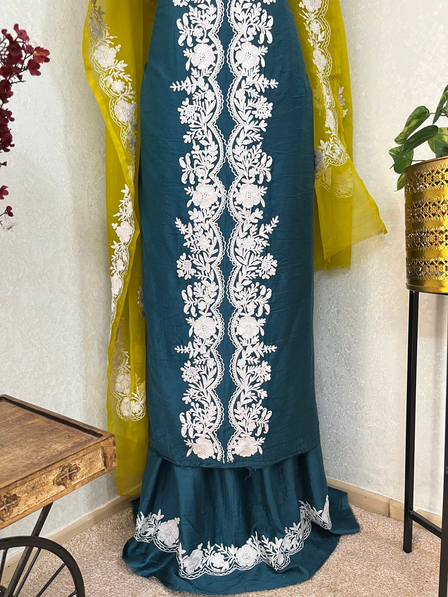 Teal Blue Chanderi Silk Kashmiri Suit