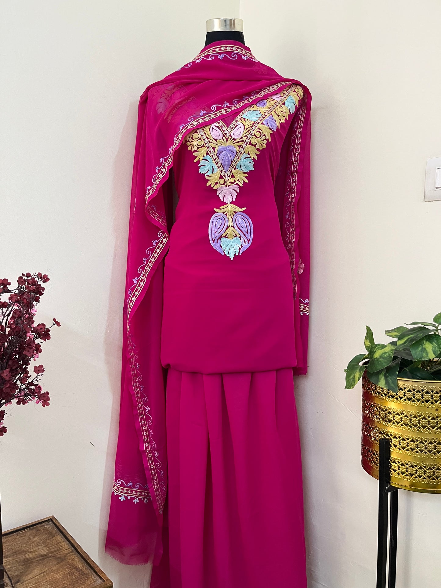 Hot Pink Georgette 3 Pc Aari Embroidered Suit Set