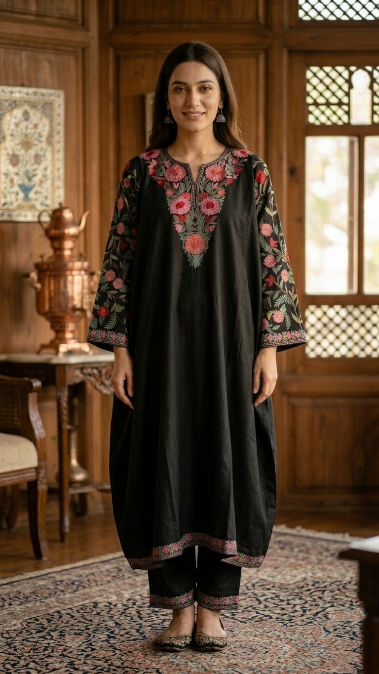 Black Cotton Arm Jaal Pheran Set
