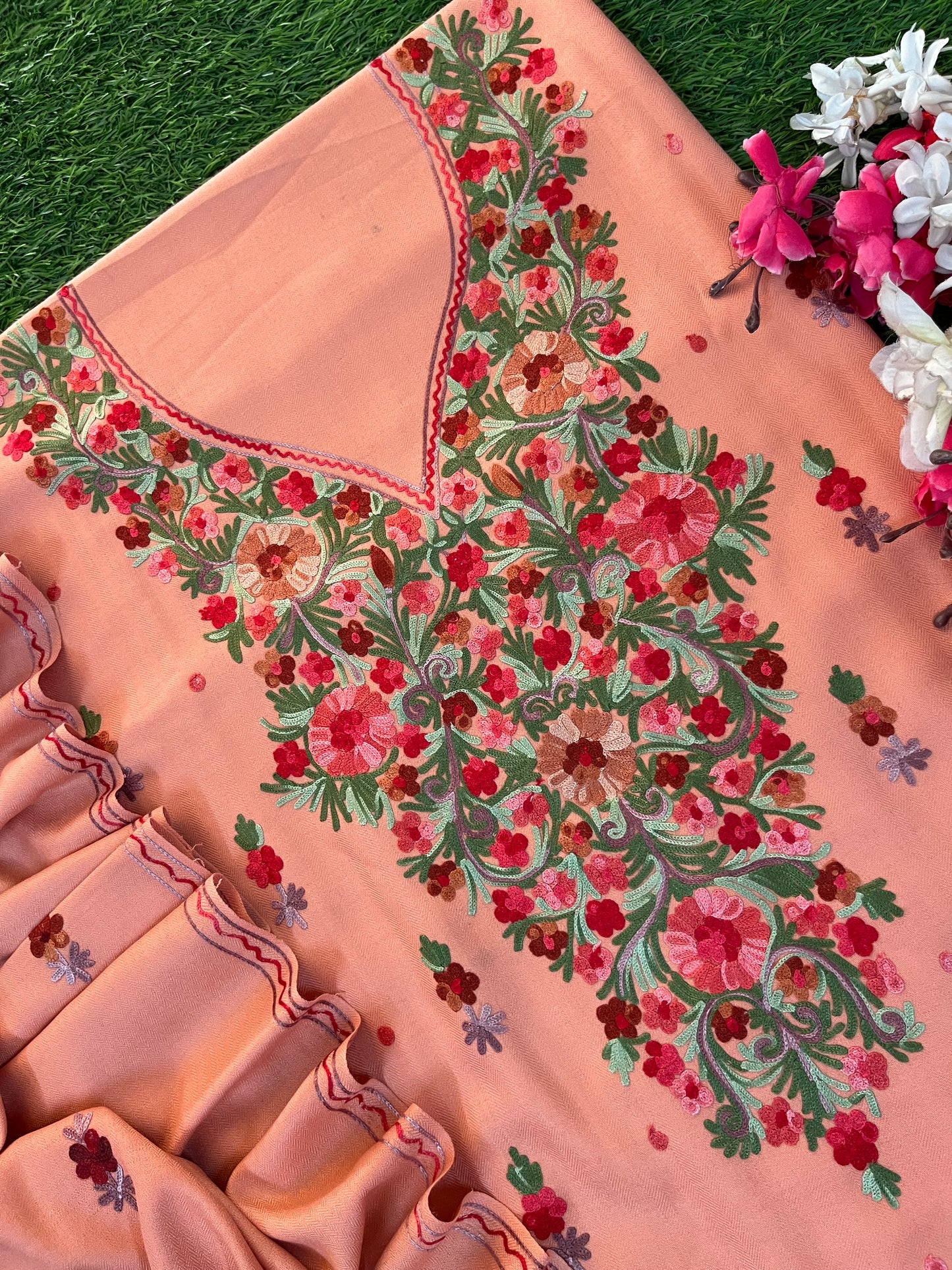 Peach Woollen Aari Embroidered 3pc suit