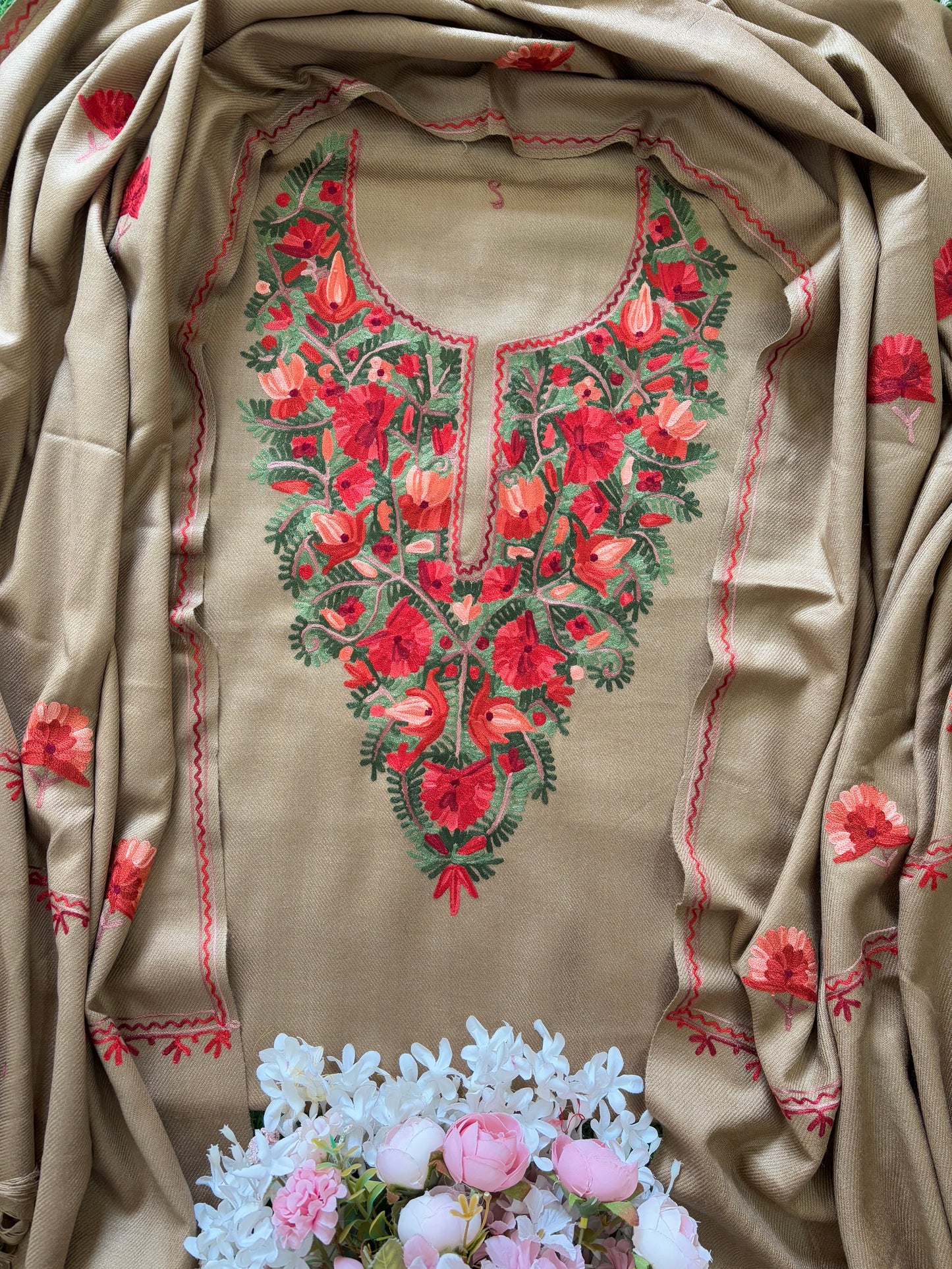 Beige Woollen Aari Embroidered 3pc suit