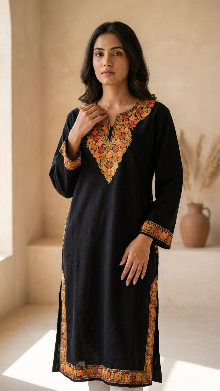 Black Aari Embroidered Wool Pheran