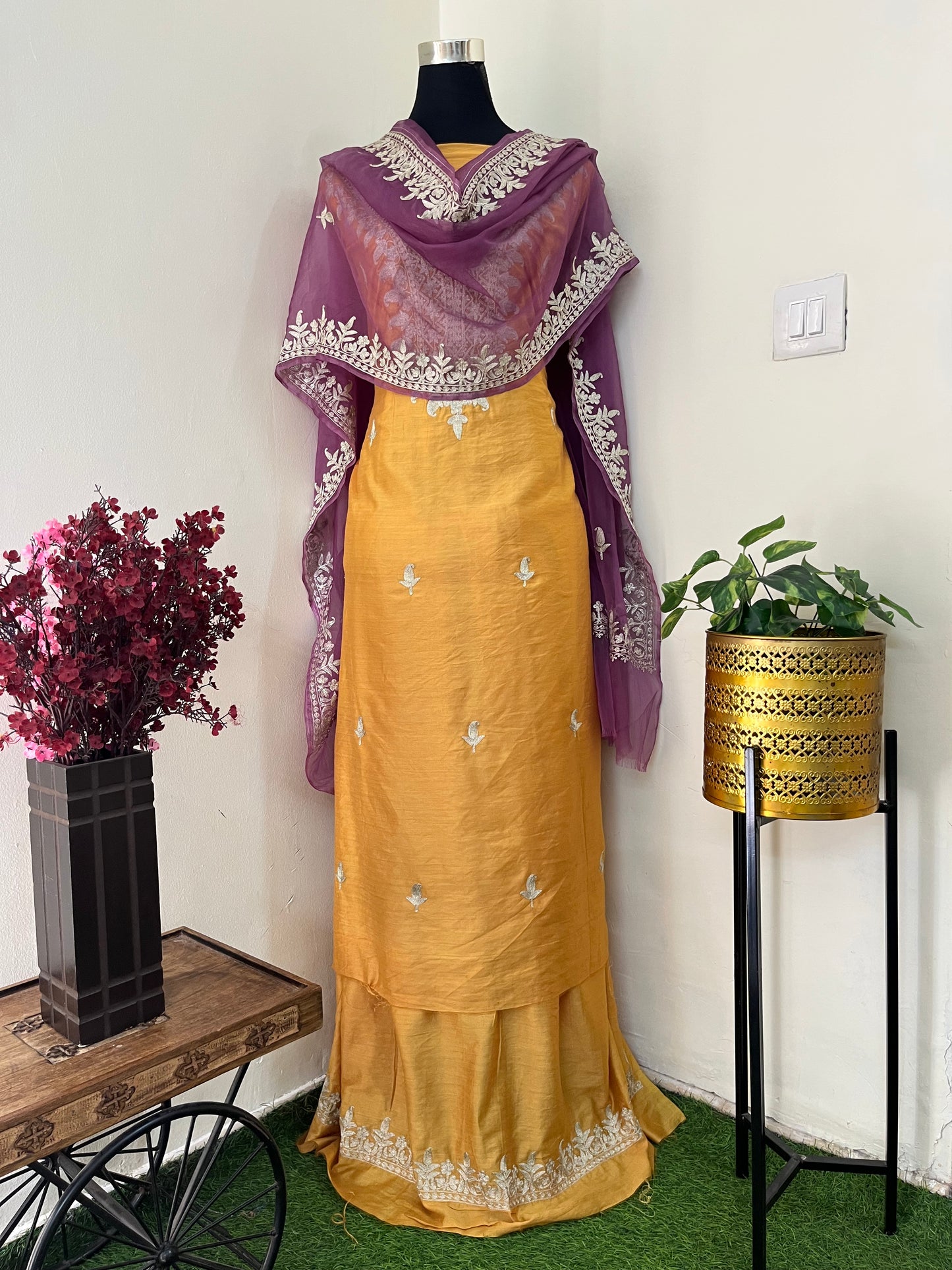 Golden Yellow Chanderi Silk Kashmiri Suit