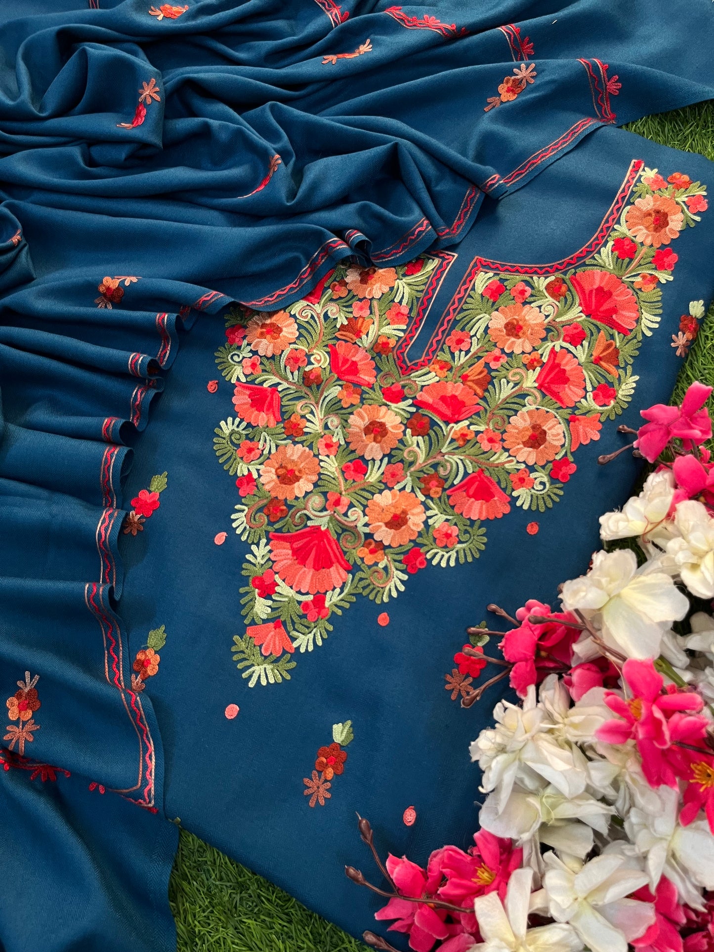 Peacock Blue Woollen Aari Embroidered 3pc suit