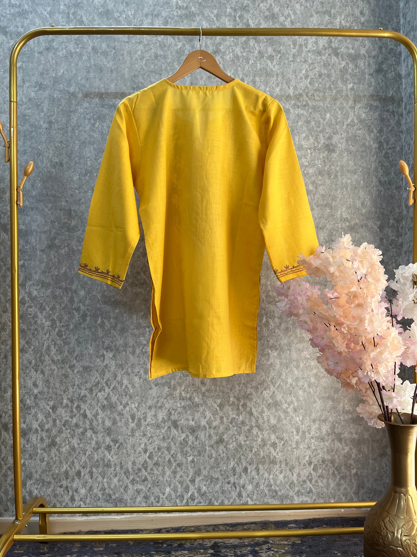 Yellow Cotton Aari Work Kurta