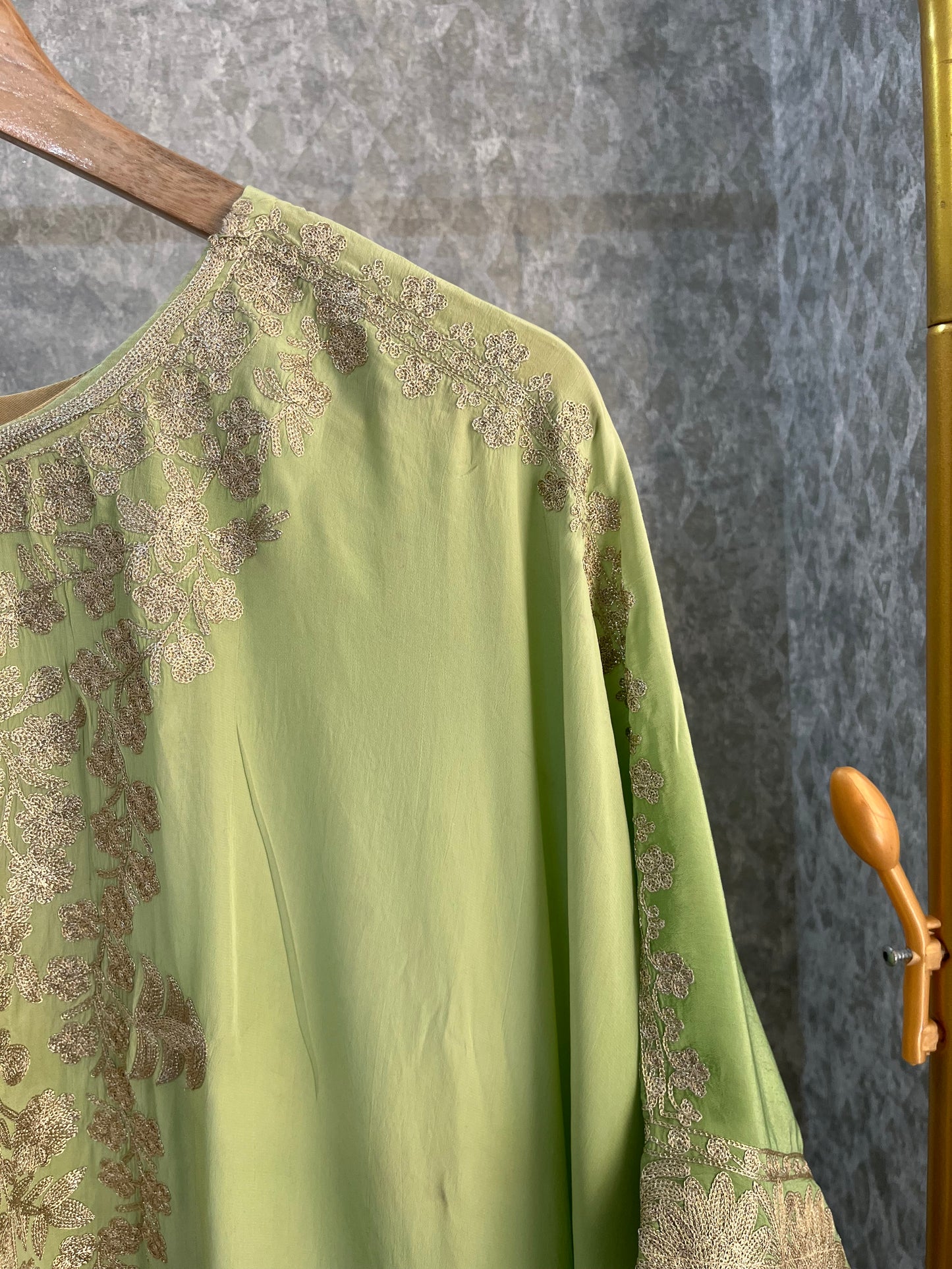 Pista Green Pure Crape Kashmiri Kaftan
