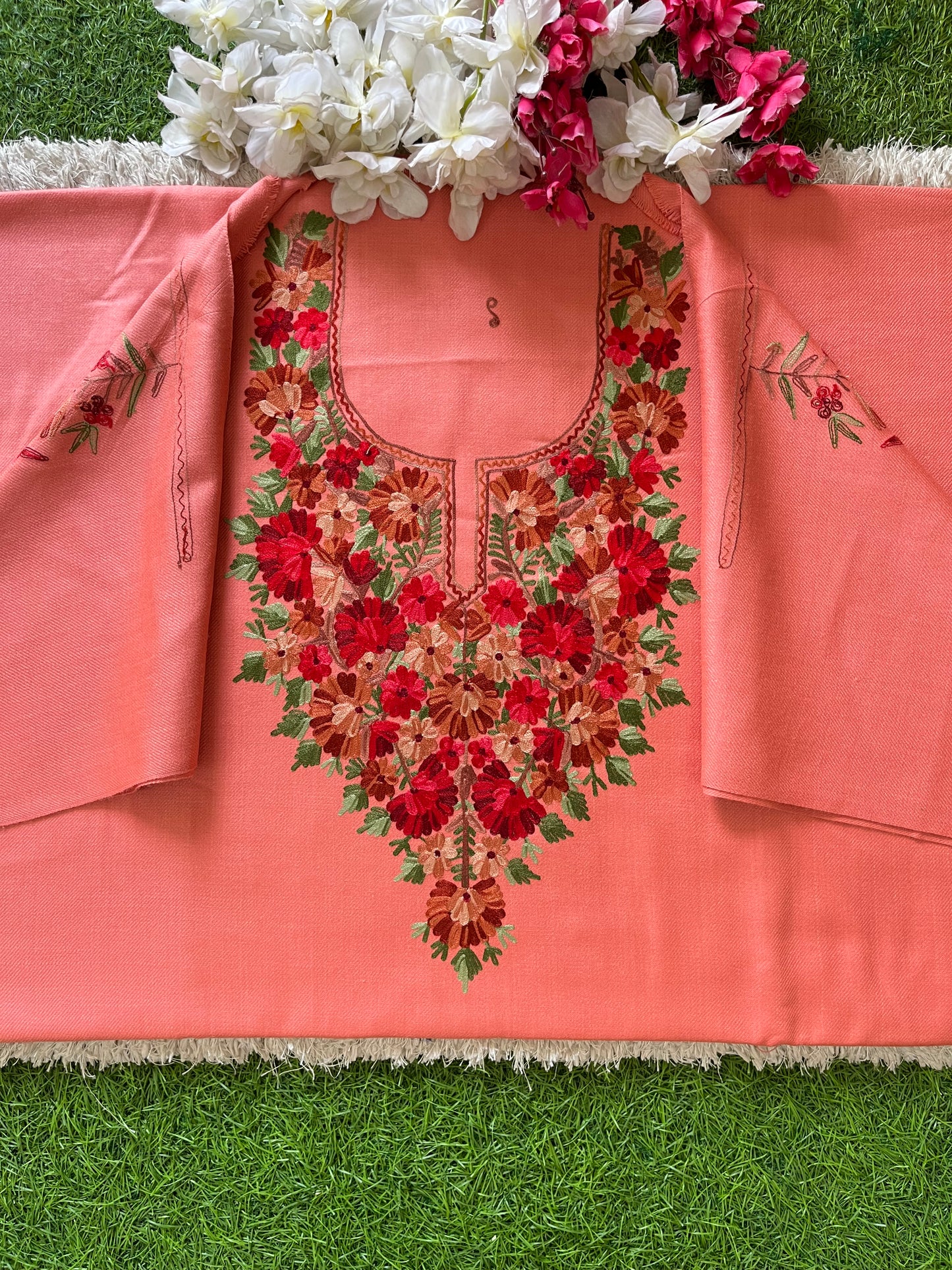 Rose Pink Woollen Aari Embroidered 2pc suit 5mtr