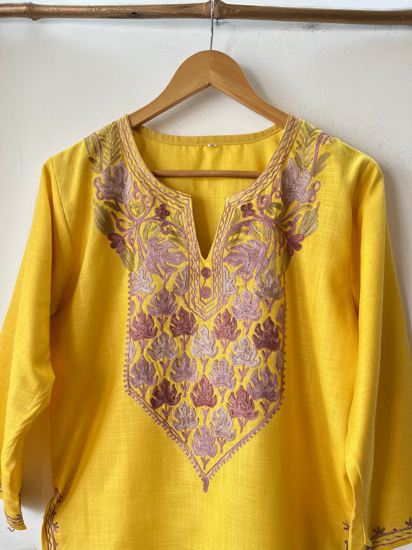 Yellow Cotton Aari Work Kurta