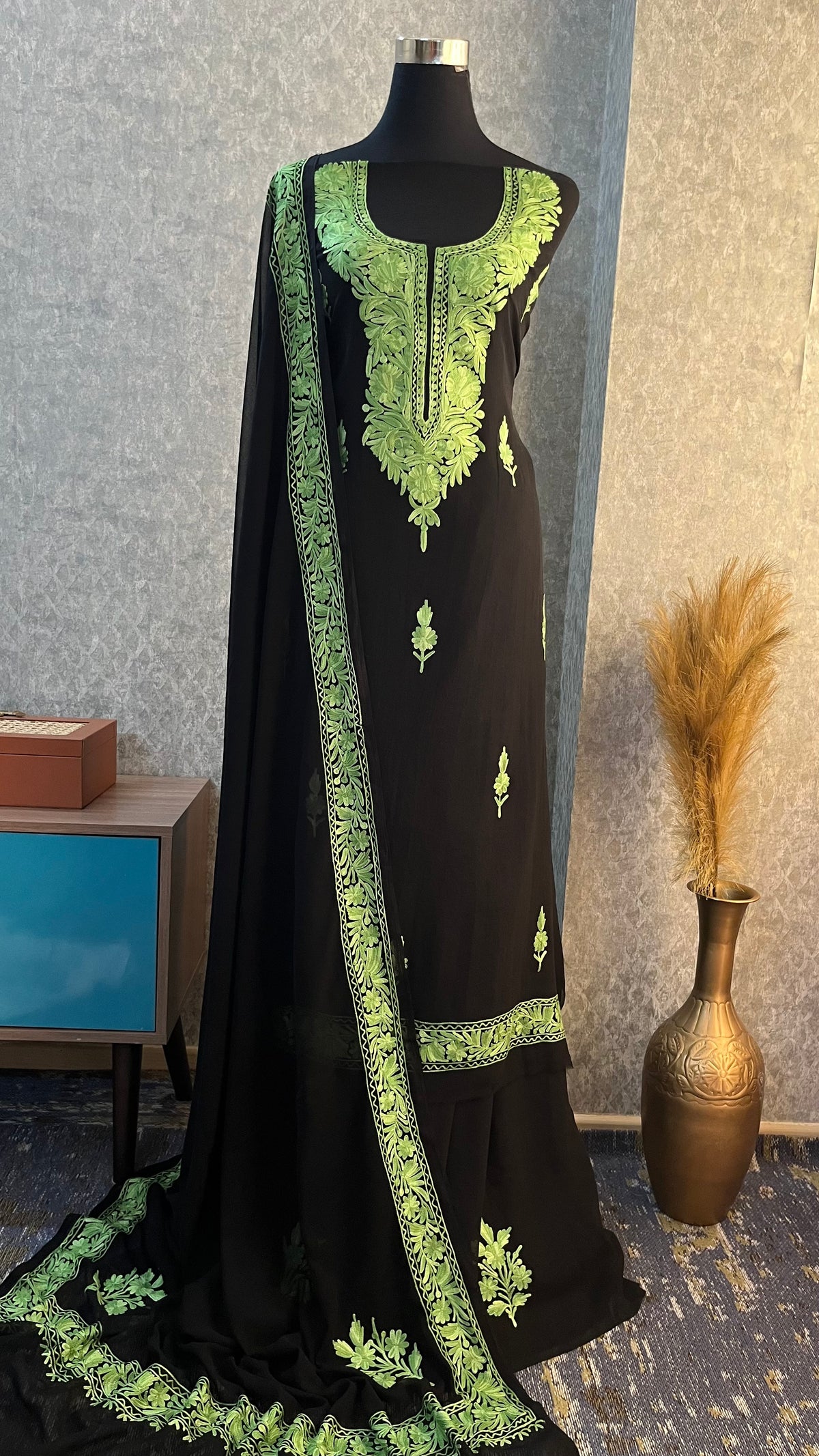 Georgette Black 3 Pc Kashmiri Suit
