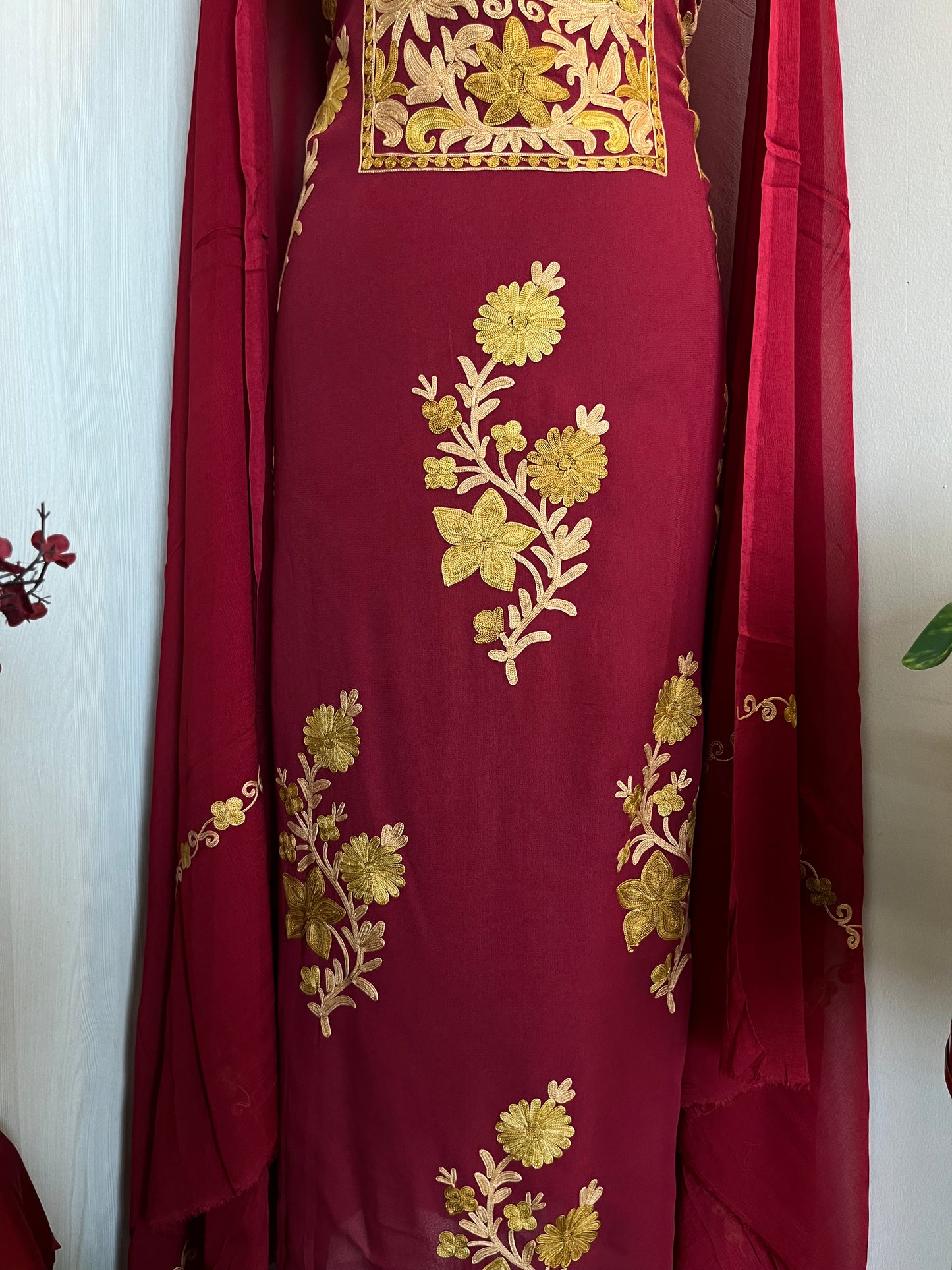 Maroon  Pure Georgette Tomato Red Aari Embroidered Suit