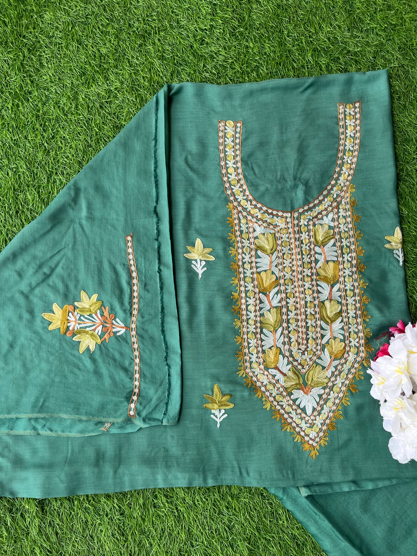 Jade Green Muslin Cotton Aari Embroidered 3pc set