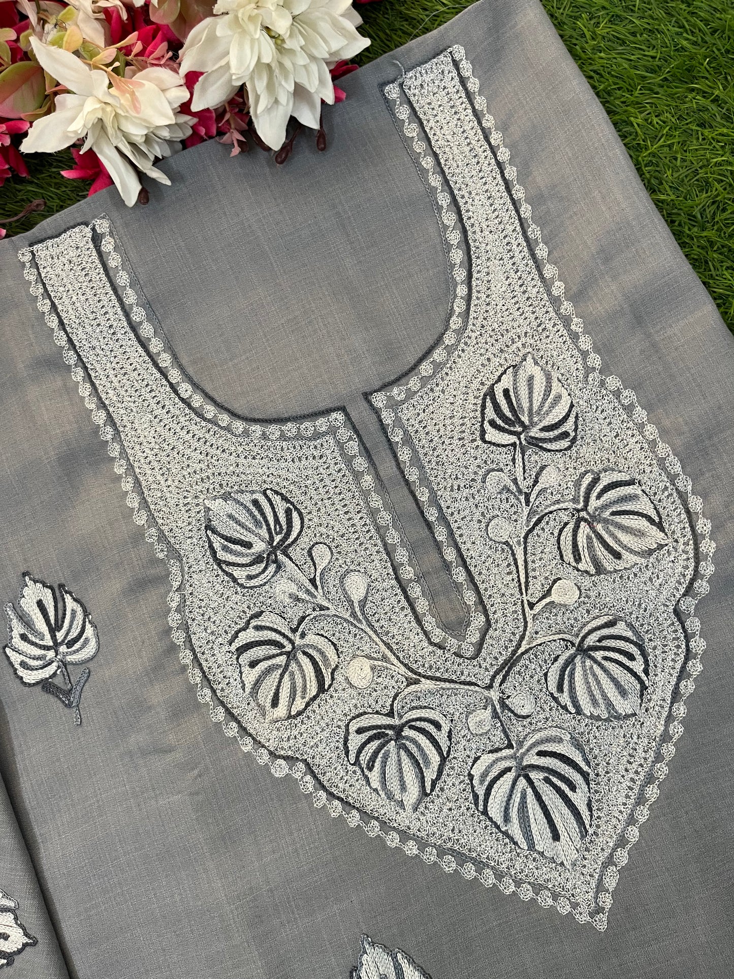 Grey Cotton Unstitched Aari Work Kurti