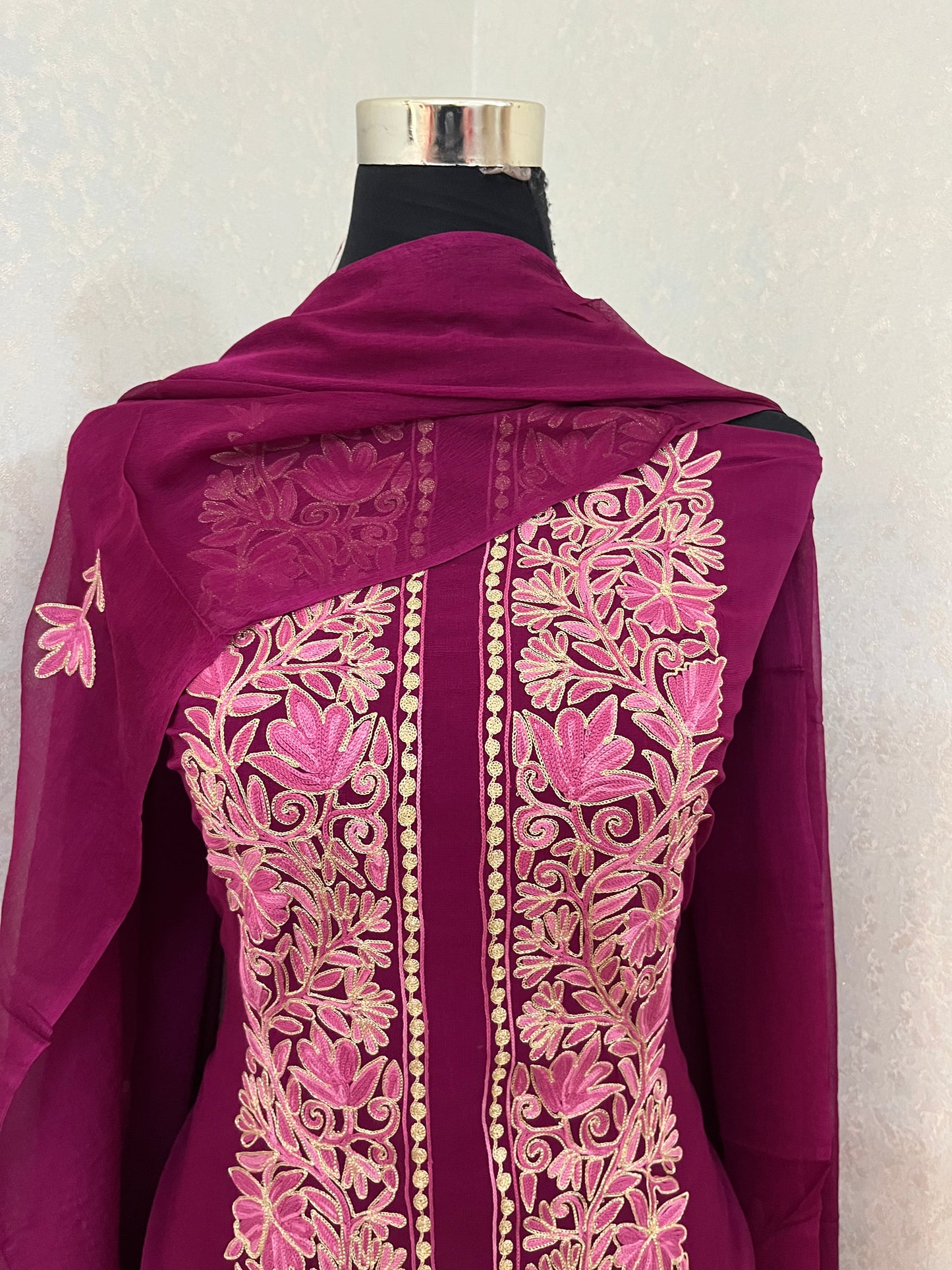 Wine Pure Georgette Achkan Kashmiri Suit