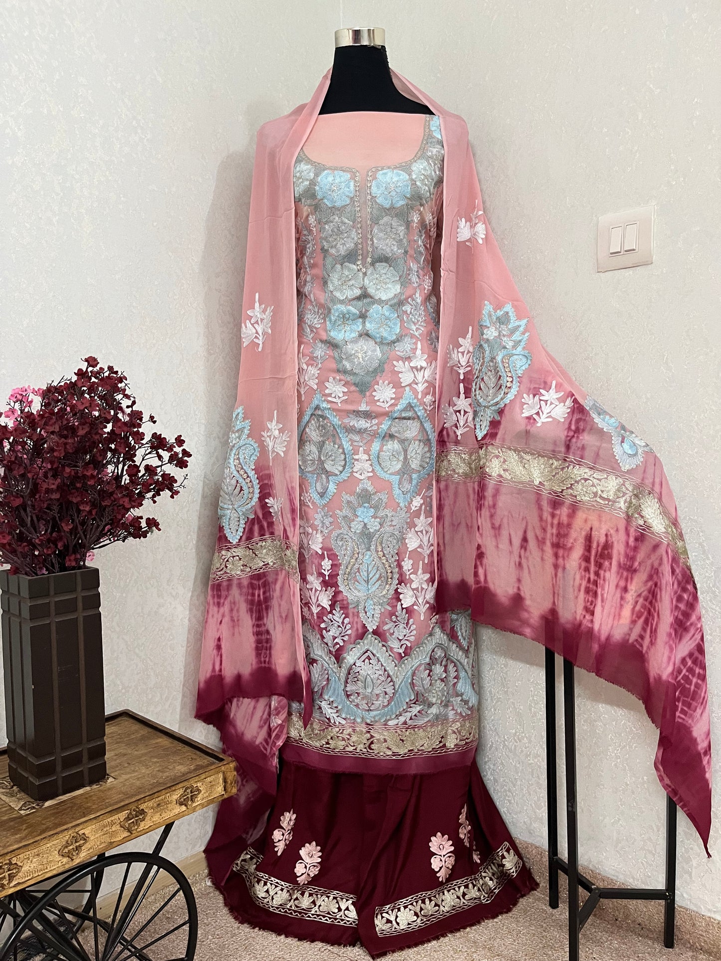 Soft Pink Pure Georgette 3 Pc Aari Embroidered Suit