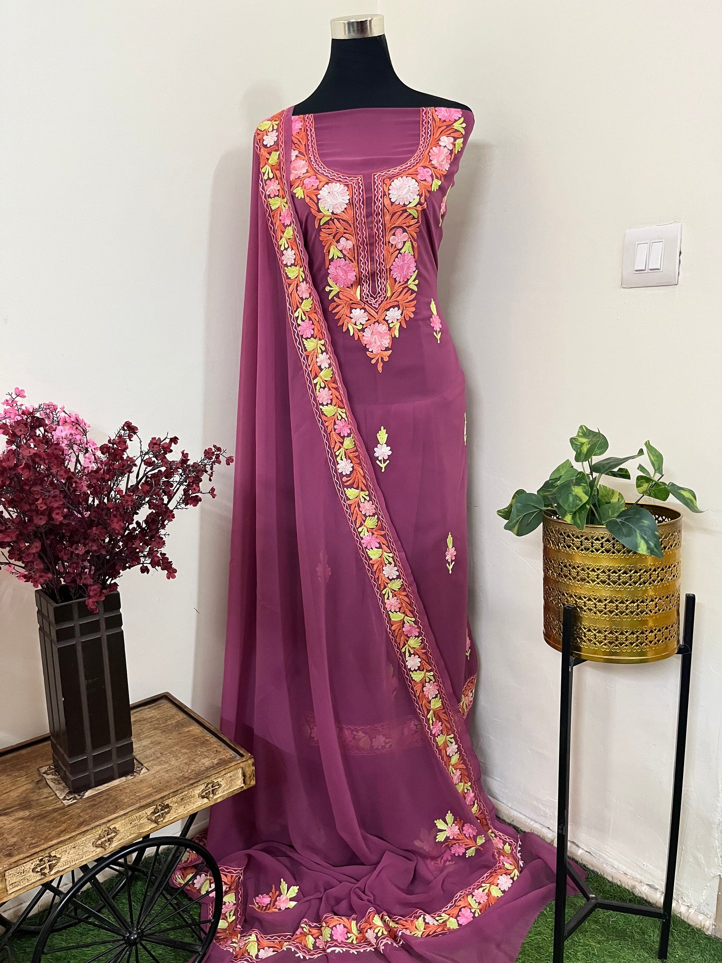 Mauve Georgette 3 Pc Aari Embroidered Suit Set