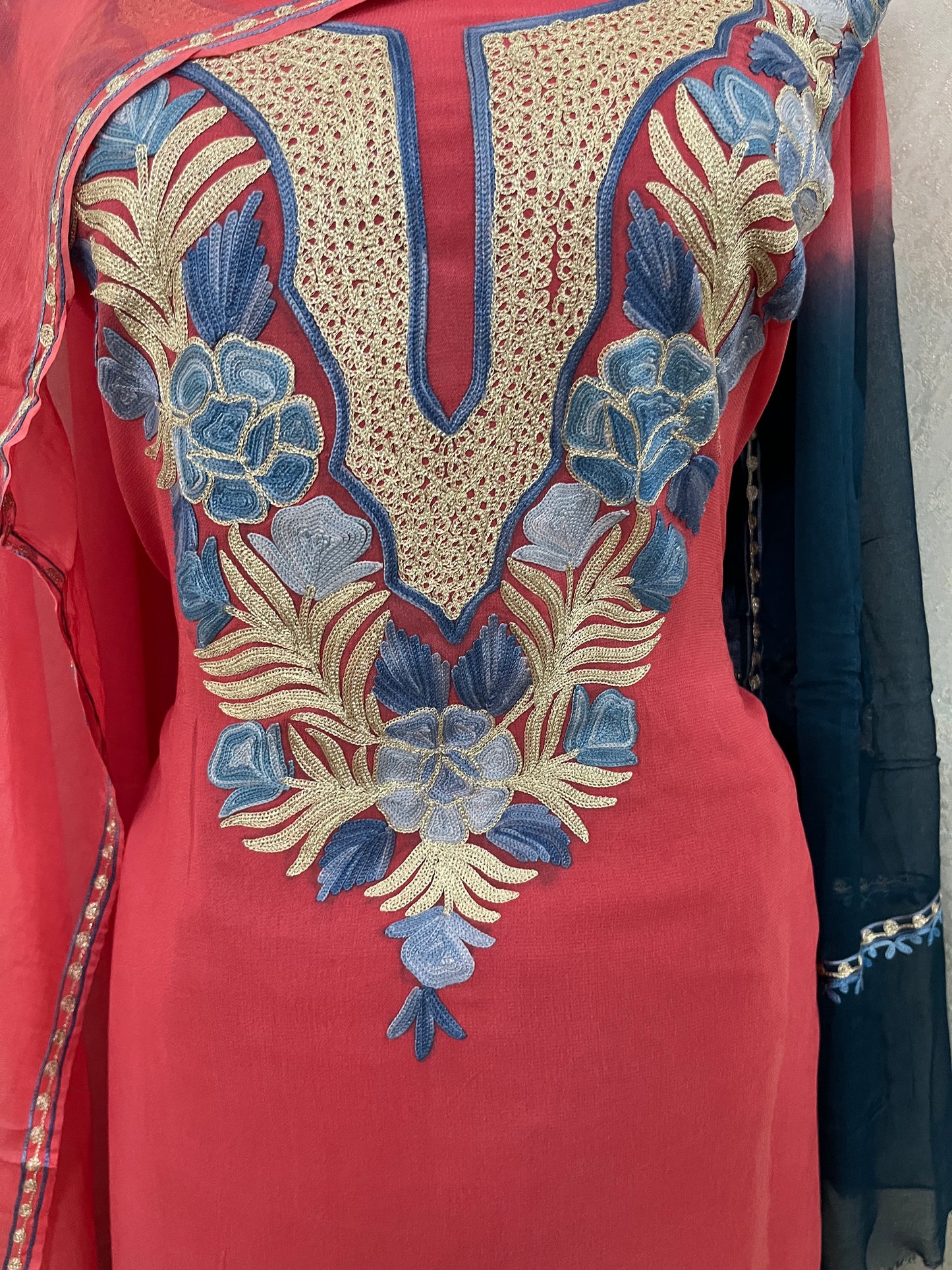 Carrot Pink Pure Georgette Double Shade Kashmiri Suit