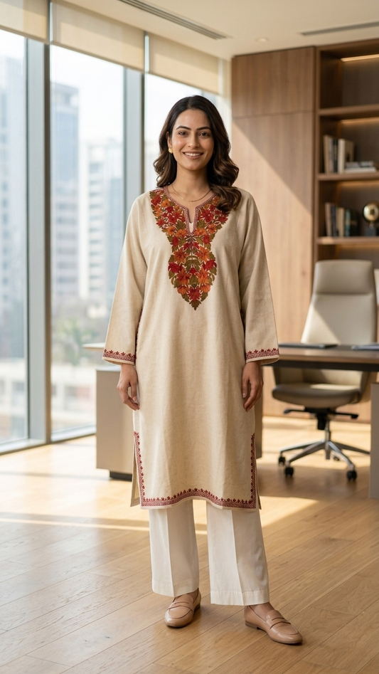 Off White Aari Embroidered Wool Pheran