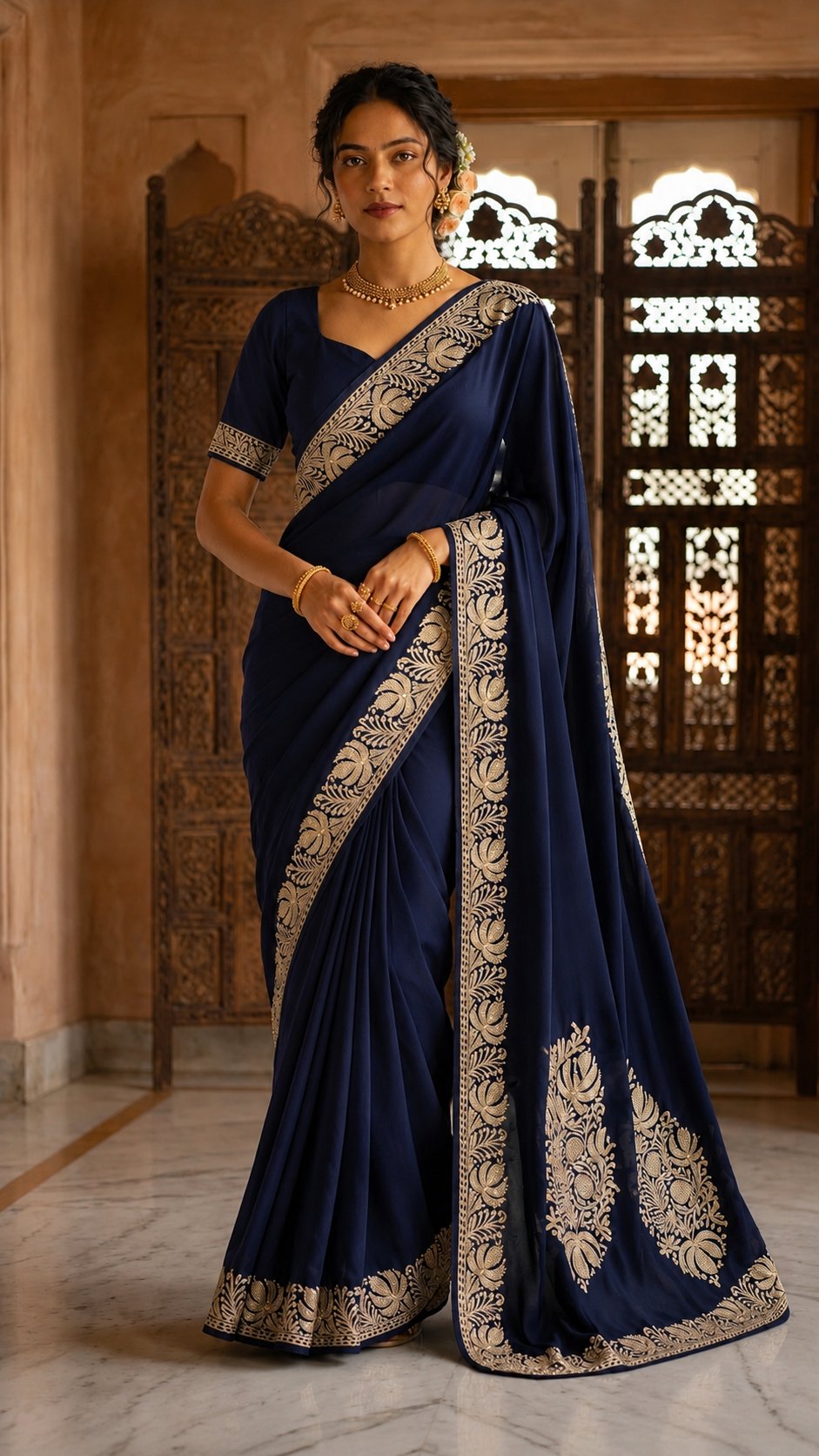 Navy Blue Crape Kashmiri Tilla Saree