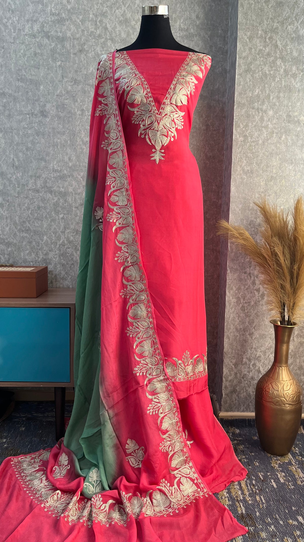 Carrot Pink Sanam Silk Kashmiri Suit