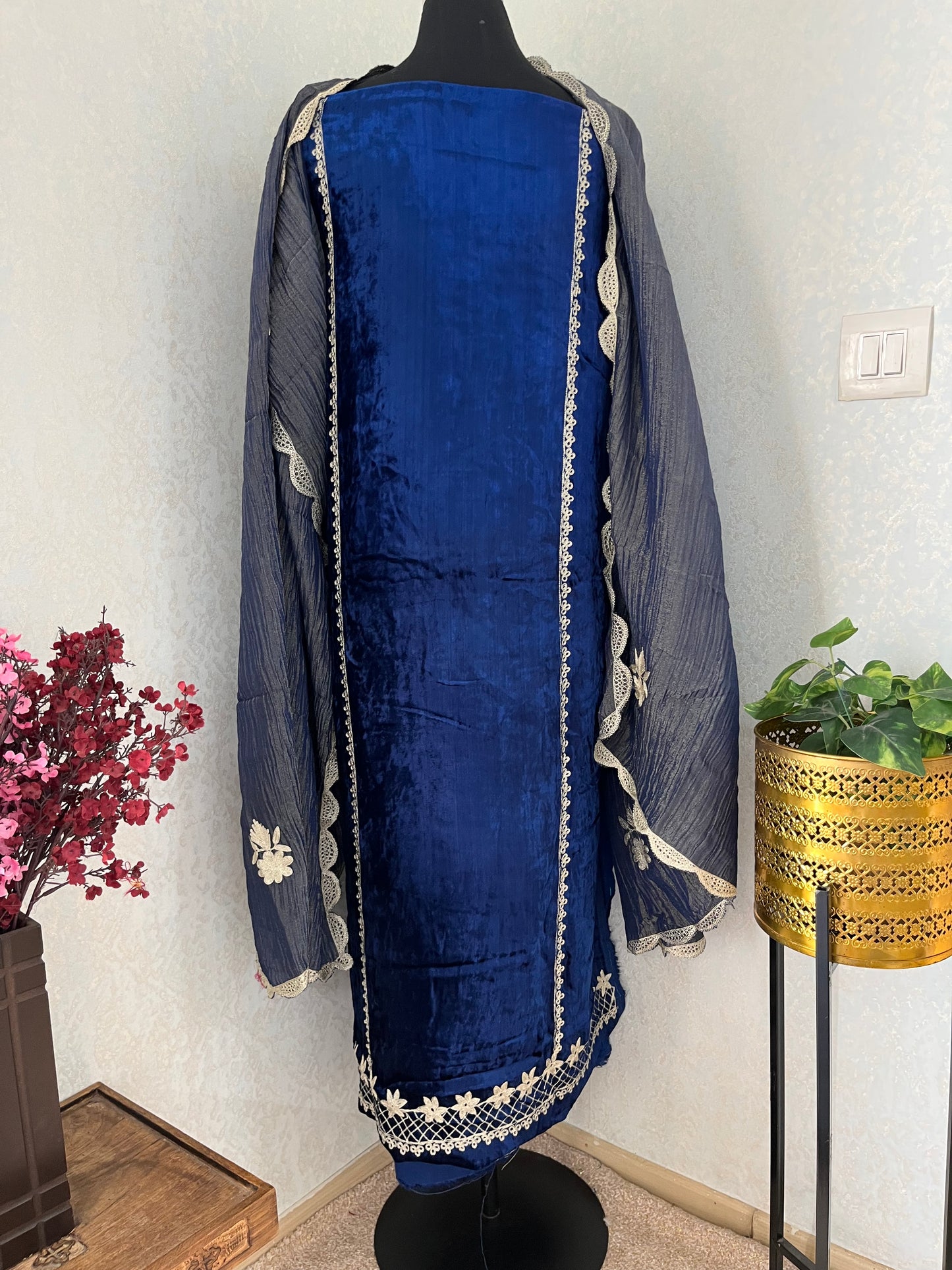 Navy Blue Tilla Pure Makhmal 3pc Suit